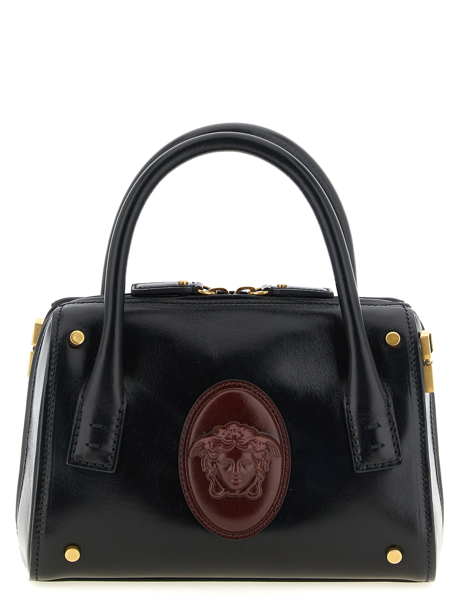 Sac à main en cuir de veau noir de la marque Versace, avec détails élégants et design sophistiqué.