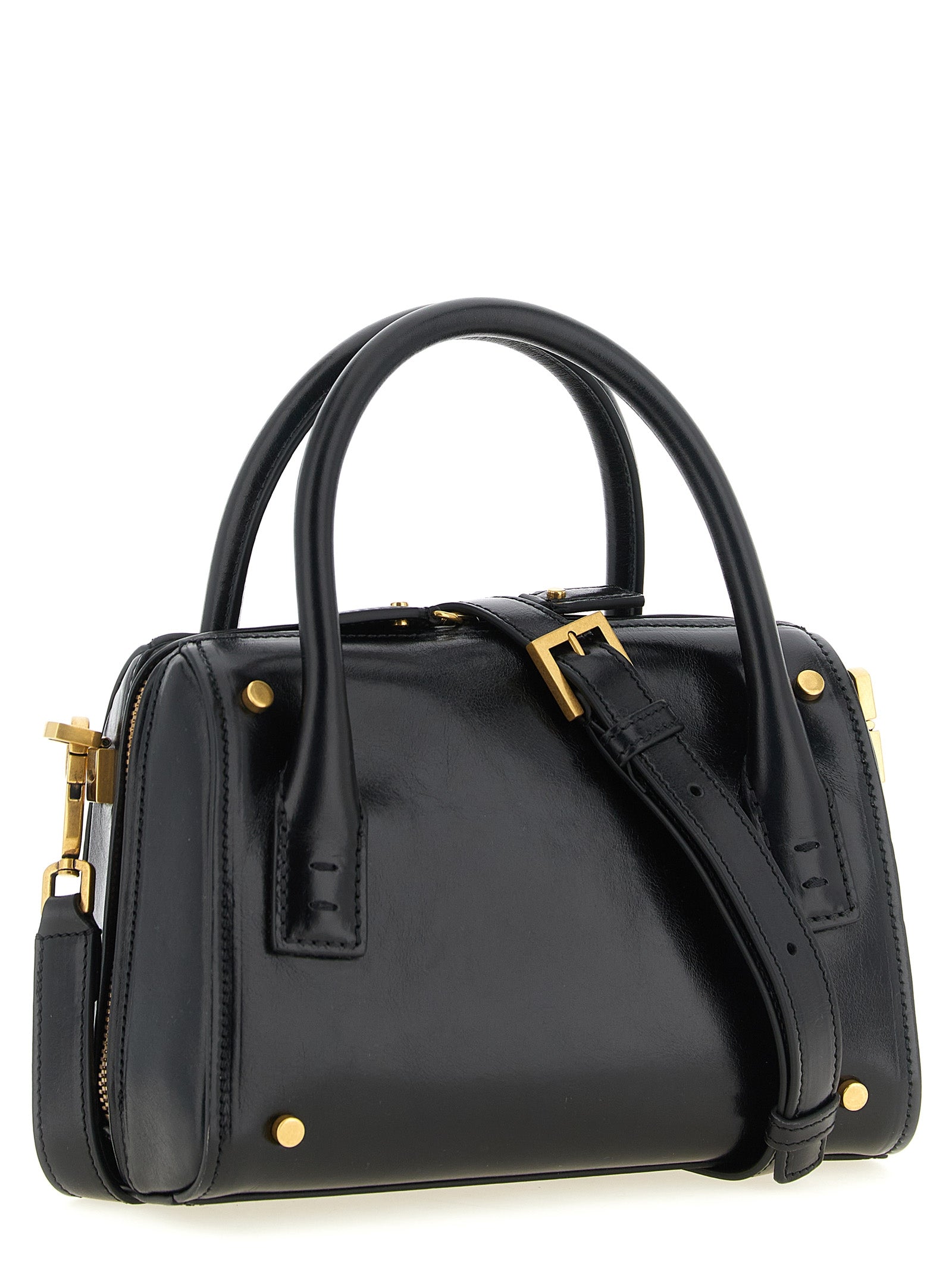 Sac à main noir en cuir de veau de Versace, élégant et sophistiqué, avec détails emblématiques de la marque.