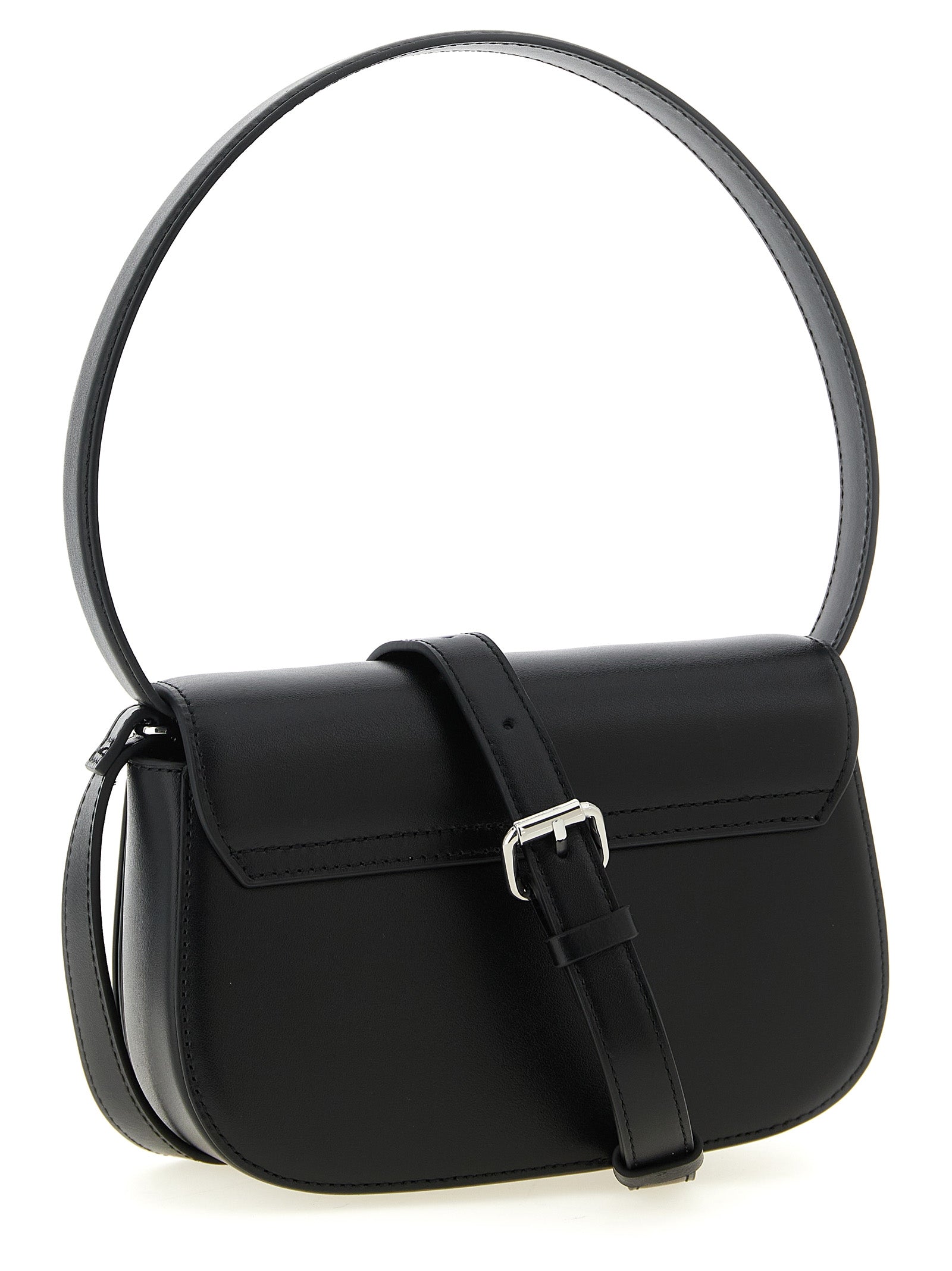 Sac à main Diesel en cuir de vachette noir avec bandoulière, détails élégants et look moderne visible sur l'image.