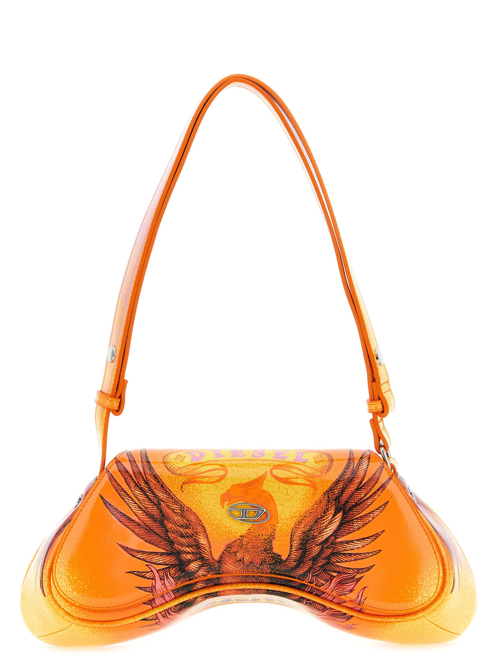 Sac bandoulière en polyéthylène orange de Diesel, design moderne avec logo visible sur la surface.
