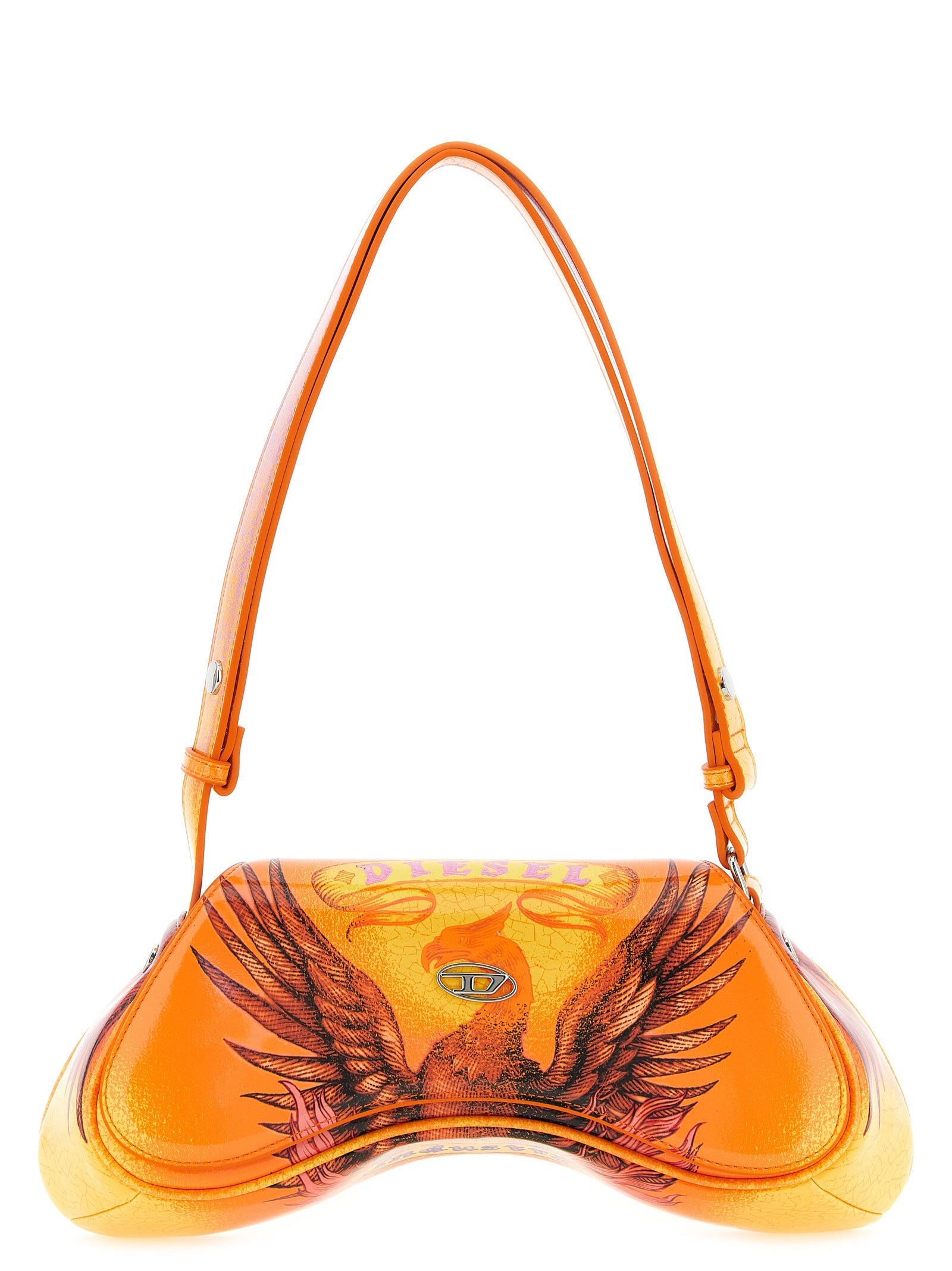 Sac bandoulière en polyéthylène orange de Diesel, design moderne avec logo visible sur la surface.