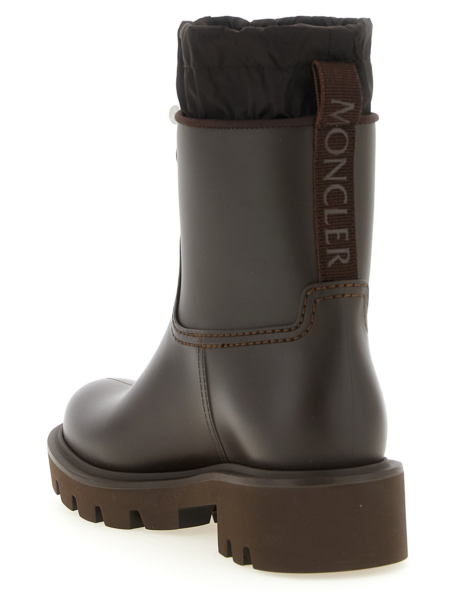 Bottes montantes en PVC marron Moncler, chaussures d'Ankle Boots élégantes et imperméables pour femmes.