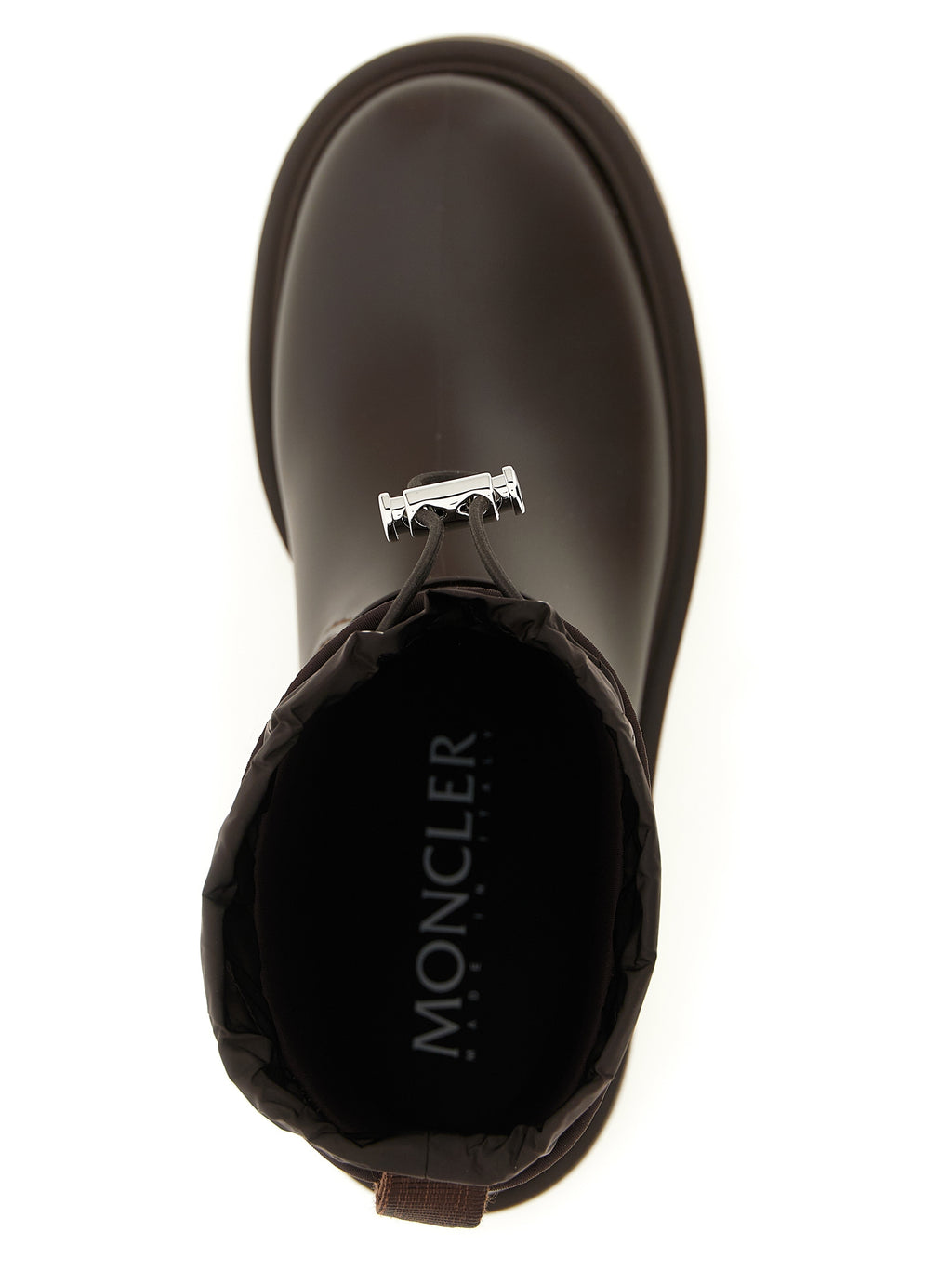 Bottes ankle en PVC marron Moncler, style élégant et résistant, visibles sur fond neutre dans l'image.