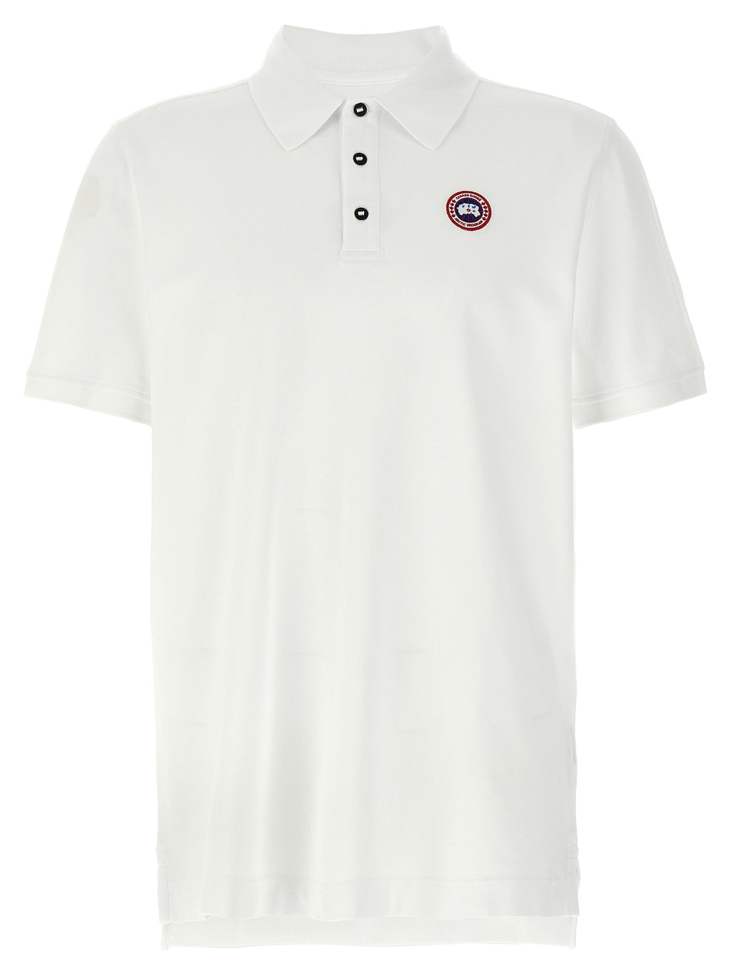 Chemise polo blanche en coton de la marque Canada Goose, avec col et boutons visibles.