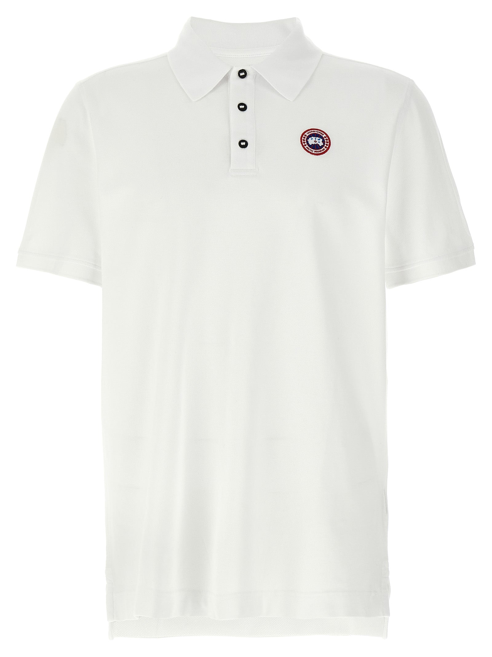 Chemise polo blanche en coton de la marque Canada Goose, avec col et boutons visibles.