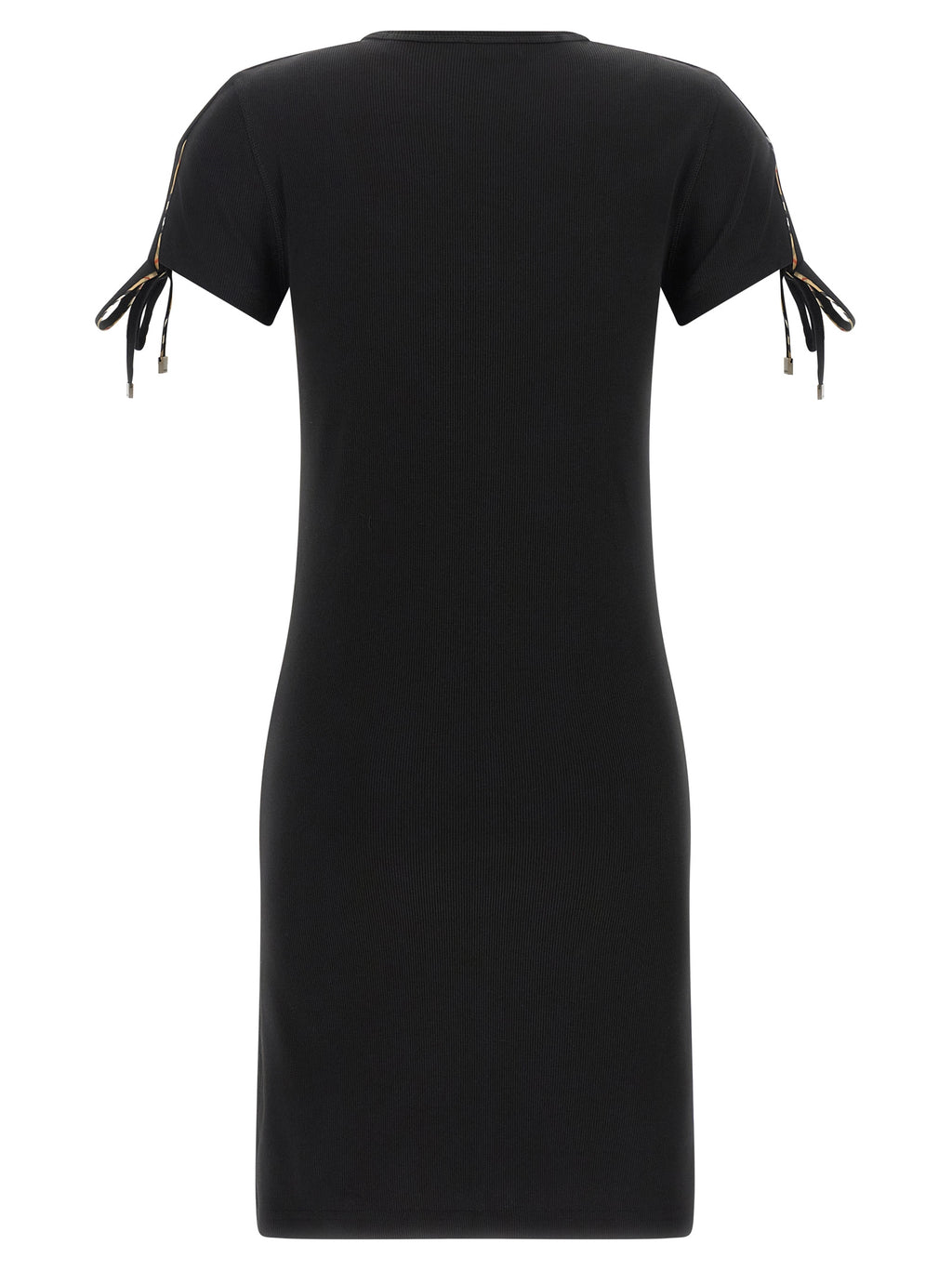 Robe courte en coton noire de Burberry, style élégant avec détail de marque, portée sur une mannequin.