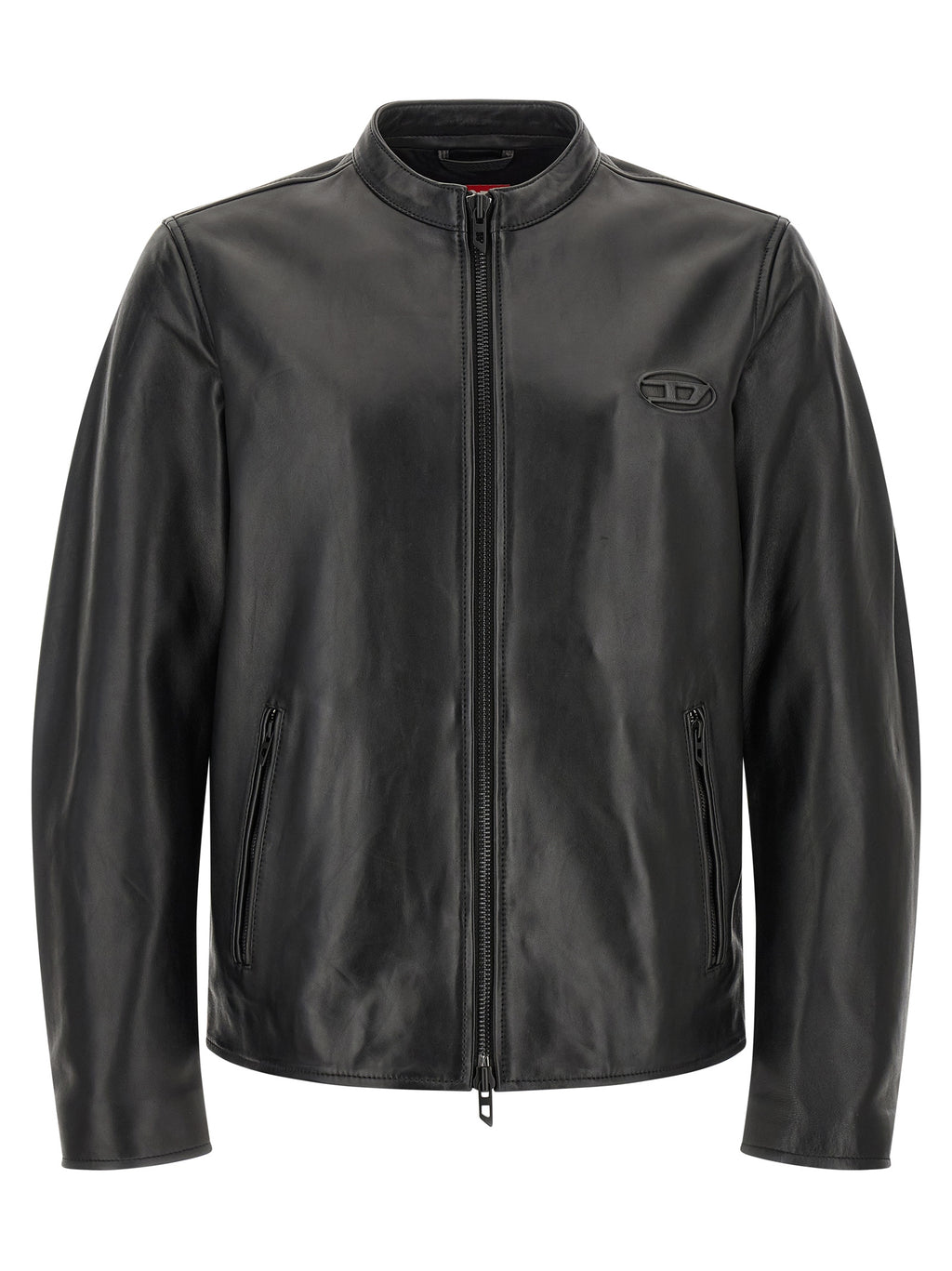 Veste en cuir de mouton noir Diesel, style aviateur avec fermeture éclair et col montant, vue de face.