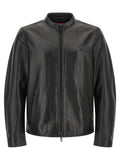 Veste en cuir de mouton noir Diesel, style aviateur avec fermeture éclair et col montant, vue de face.