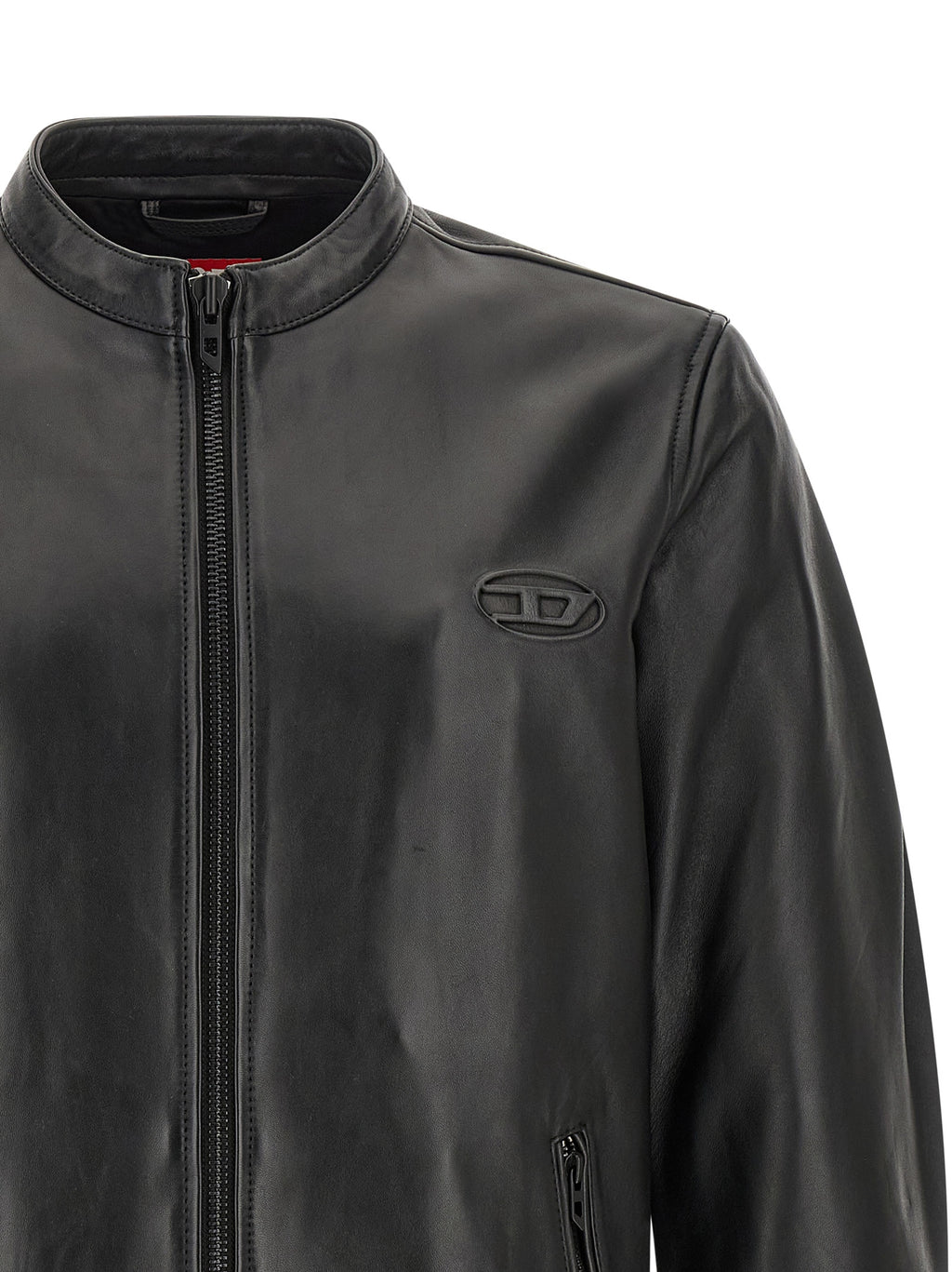 Veste en cuir noir en agneau de marque Diesel, style moderne avec col droit et fermeture éclair visible.