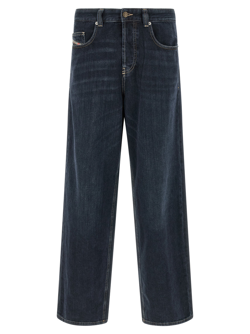 Jeans Diesel en coton bleu, coupe décontractée, style relaxé, visibles avec poches et détails classiques.