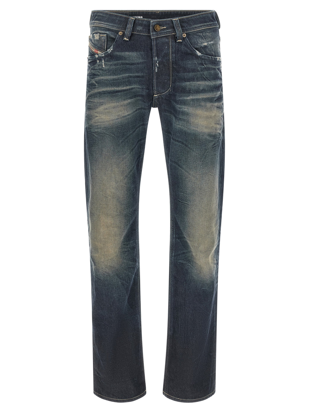Jeans droit en coton bleu Diesel, style classique, visible sur le produit, avec une coupe droite et une finition soignée.