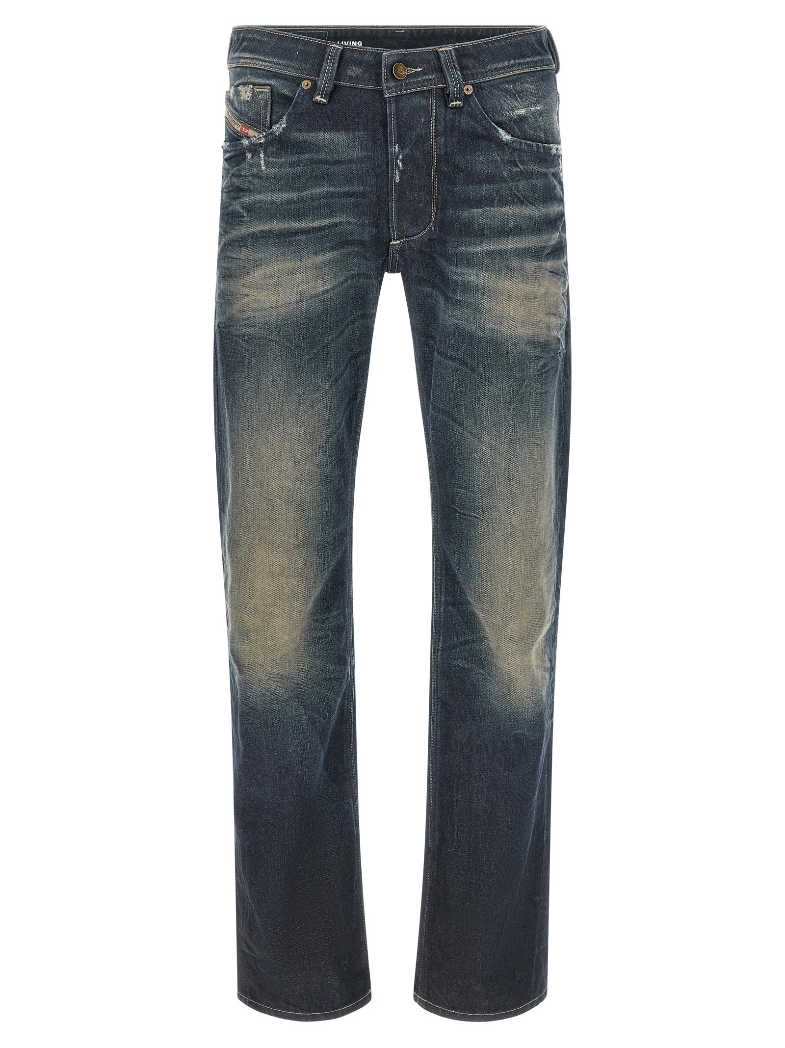 Jeans droit en coton bleu Diesel, style classique, visible sur le produit, avec une coupe droite et une finition soignée.