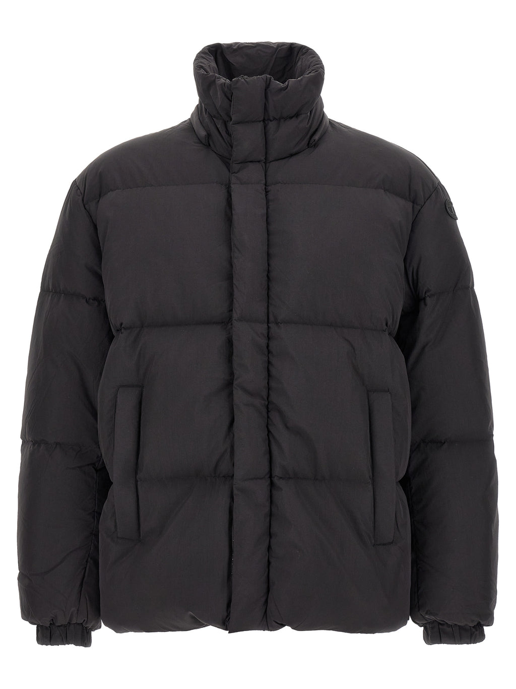 Veste Diesel noire en polyamide, longue et imperméable, avec fermeture éclair et col montant, conçue pour un style urbain.