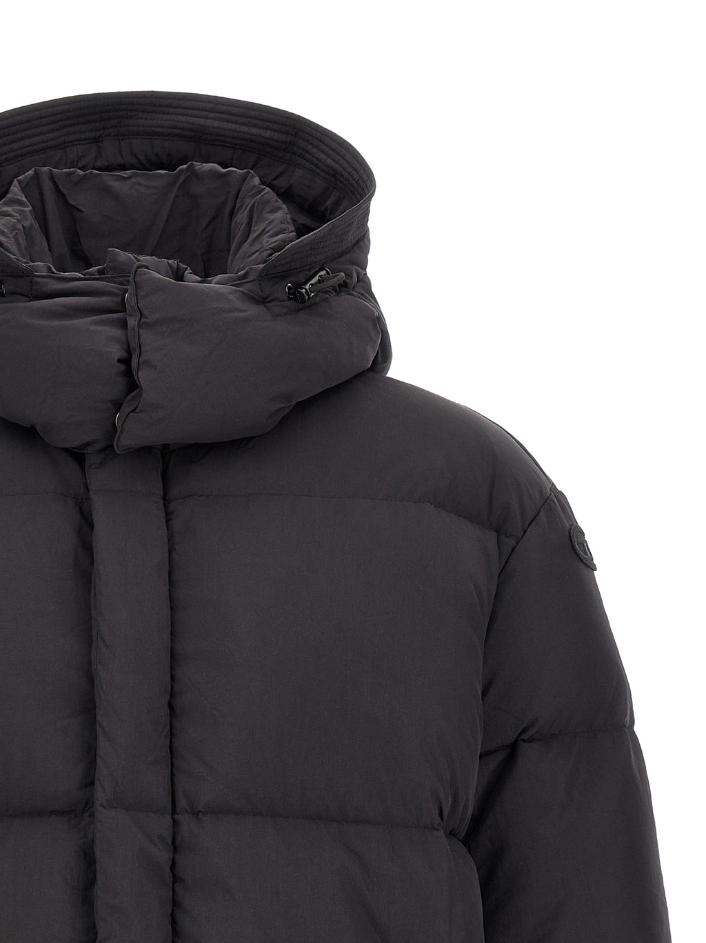 Veste Diesel noire en polyamide longue, style décontracté avec fermeture éclair et col montant, vue de face.