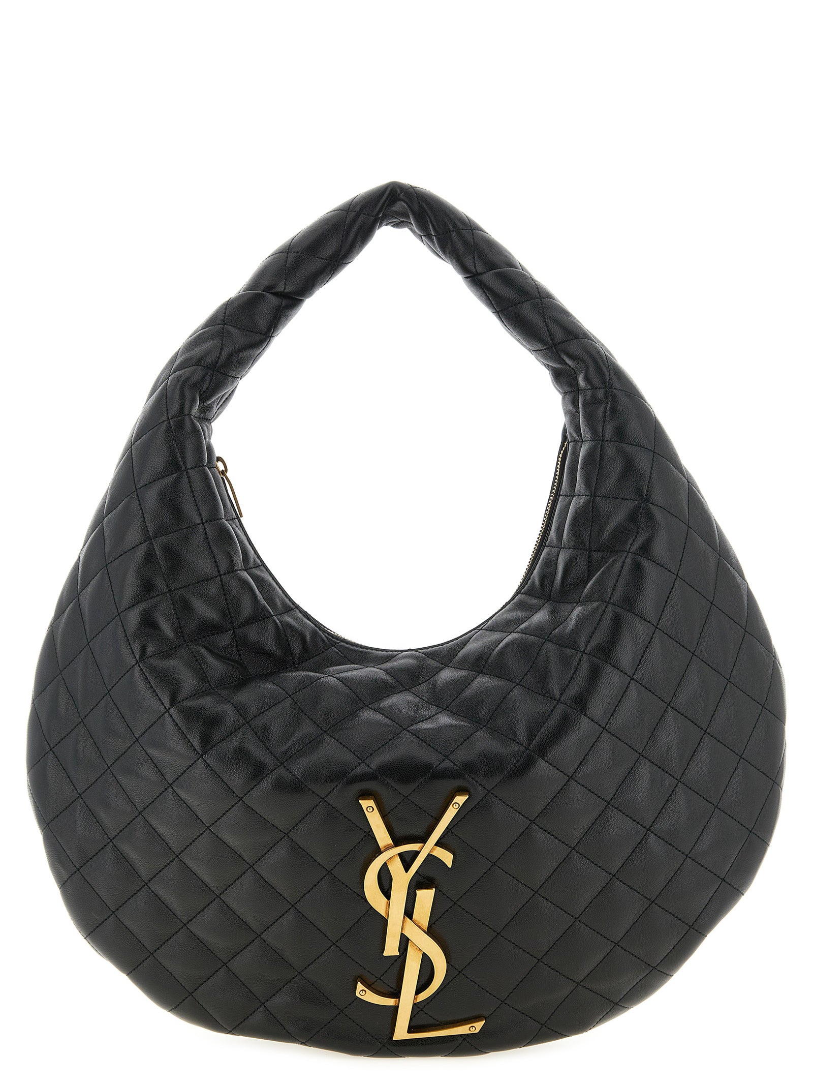 Sac à bandoulière en cuir d'agneau noir de Saint Laurent, élégant et sophistiqué, visible avec détails de la texture en cuir.