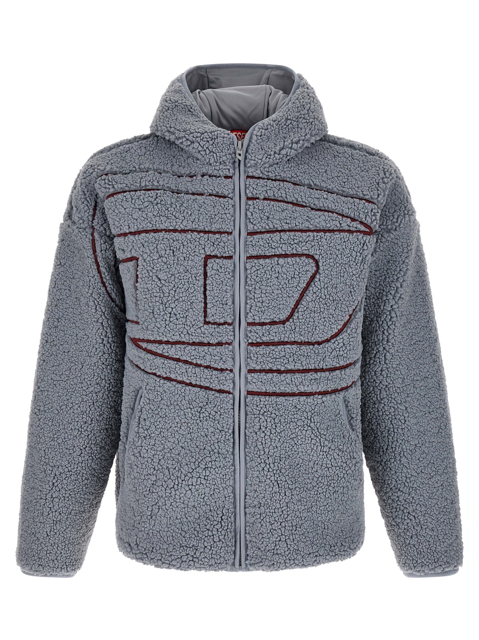 Sweat à capuche gris en polyester de la marque Diesel, détail du tissu et coupe décontractée visible dans l'image.
