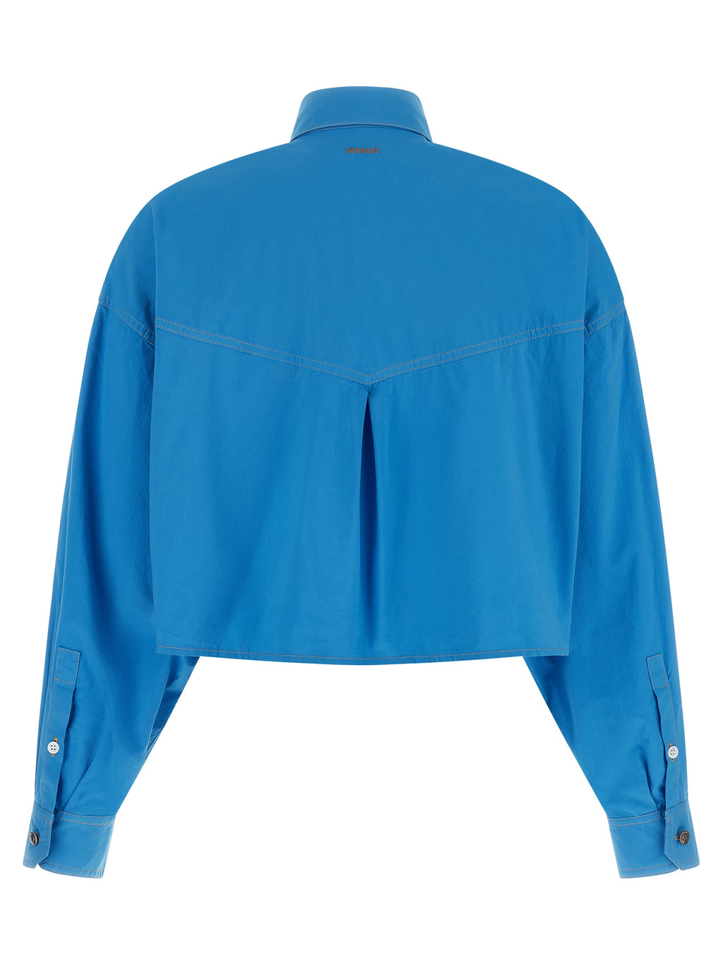 Blouse en coton bleu Versace avec logo distinctif, manches longues et coupe élégante, vue de face.