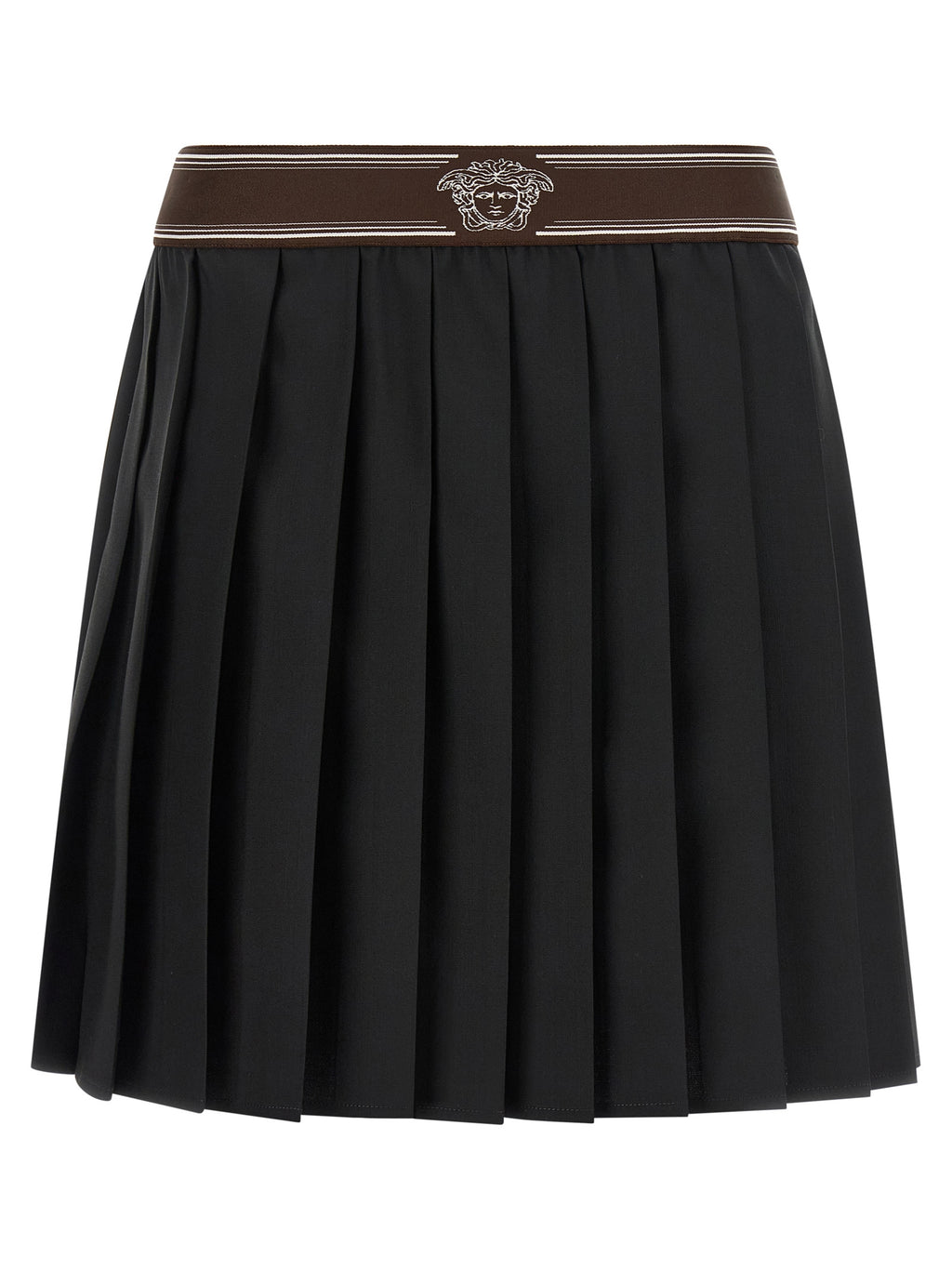 Longue jupe en laine noire de Versace, illustration d’un style élégant avec une coupe fluide et sophistiquée.