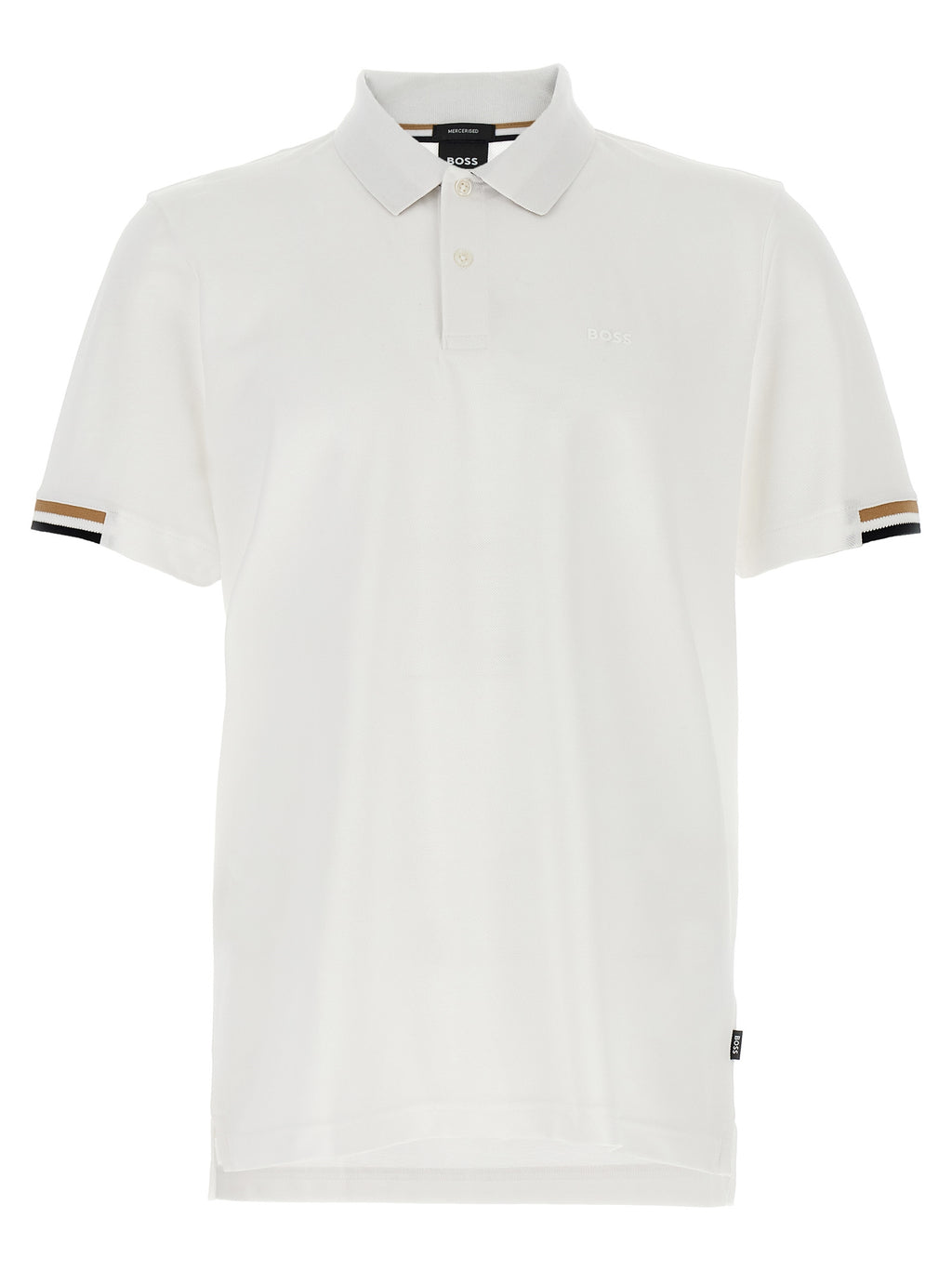 Chemise polo blanche en coton de la marque Hugo Boss, vue de face avec col et boutons visibles.