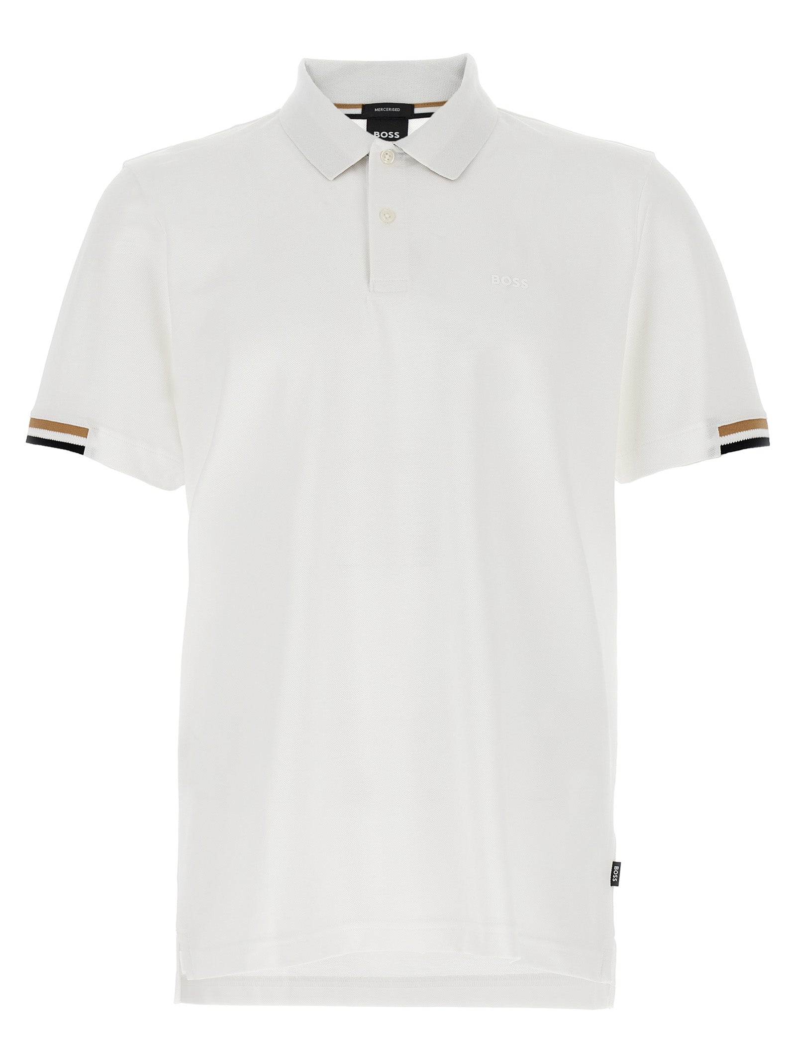 Chemise polo blanche en coton de la marque Hugo Boss, vue de face avec col et boutons visibles.
