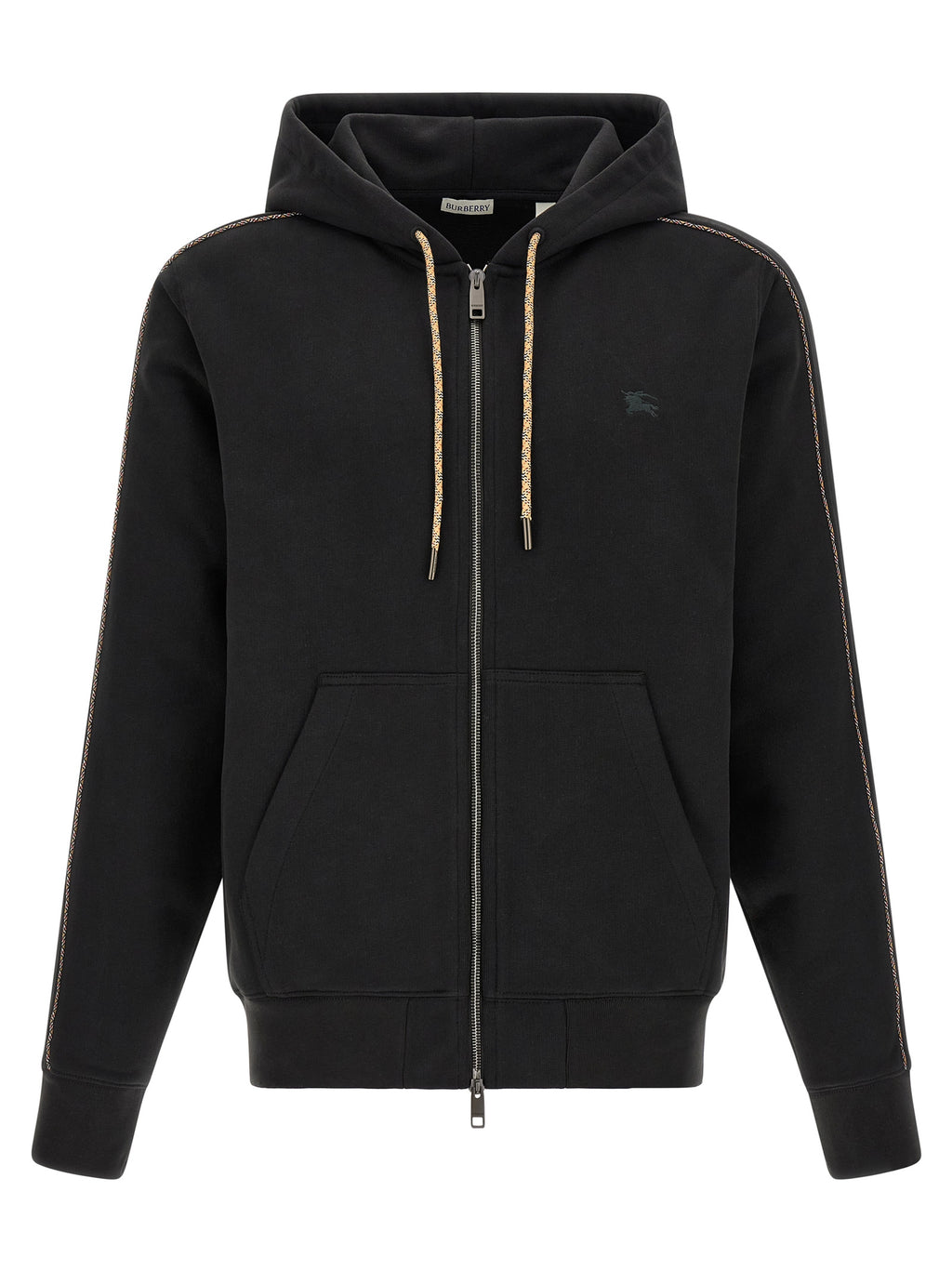 Sweat-shirt noir en coton de la marque Burberry, avec logo discret, porté sur un mannequin.