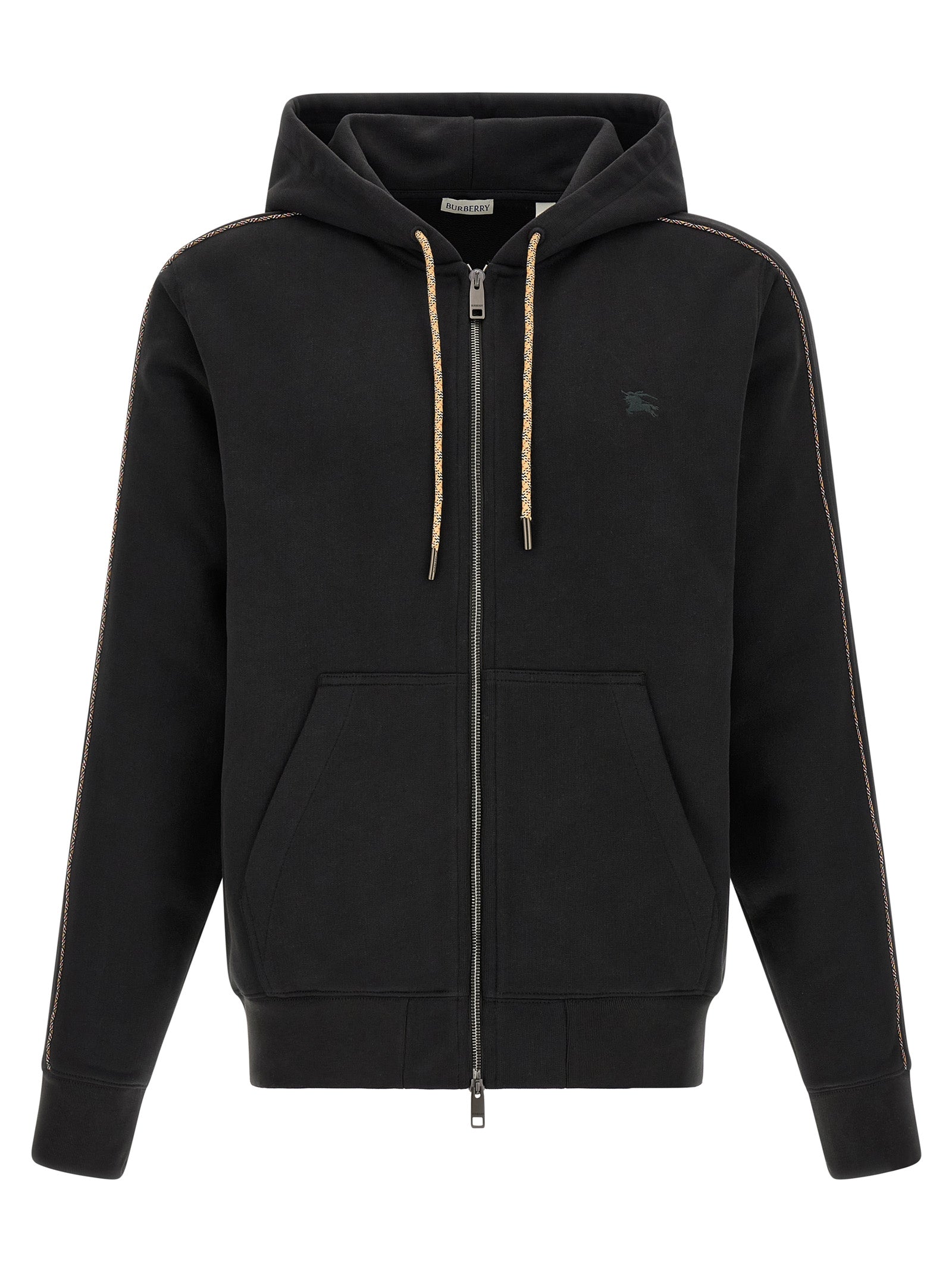 Sweat-shirt noir en coton de la marque Burberry, avec logo discret, porté sur un mannequin.