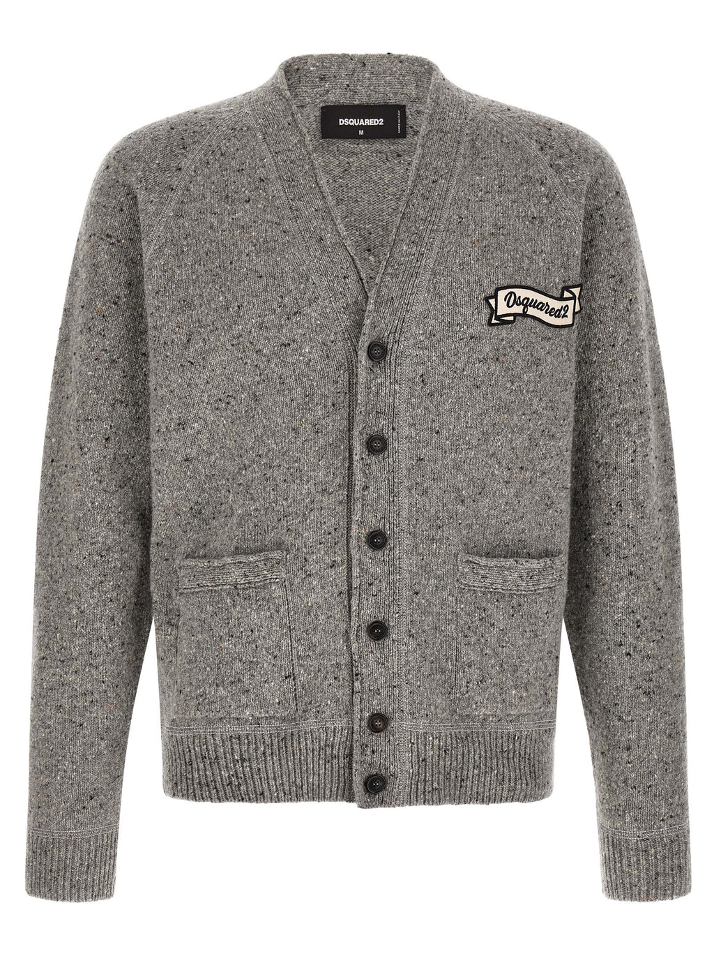 Cardigan en laine grise Dsquared² porté par un mannequin, détails de couture visibles, style décontracté et élégant.