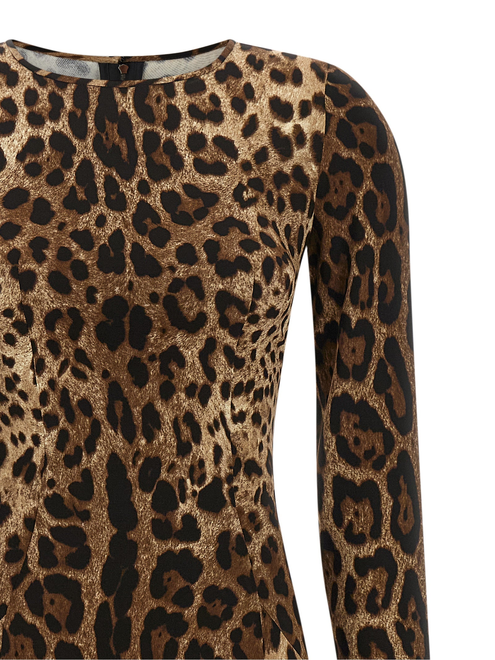 Robe midi en viscose marron Dolce & Gabbana avec coupe élégante et détails sophistiqués, portée sur un mannequin.