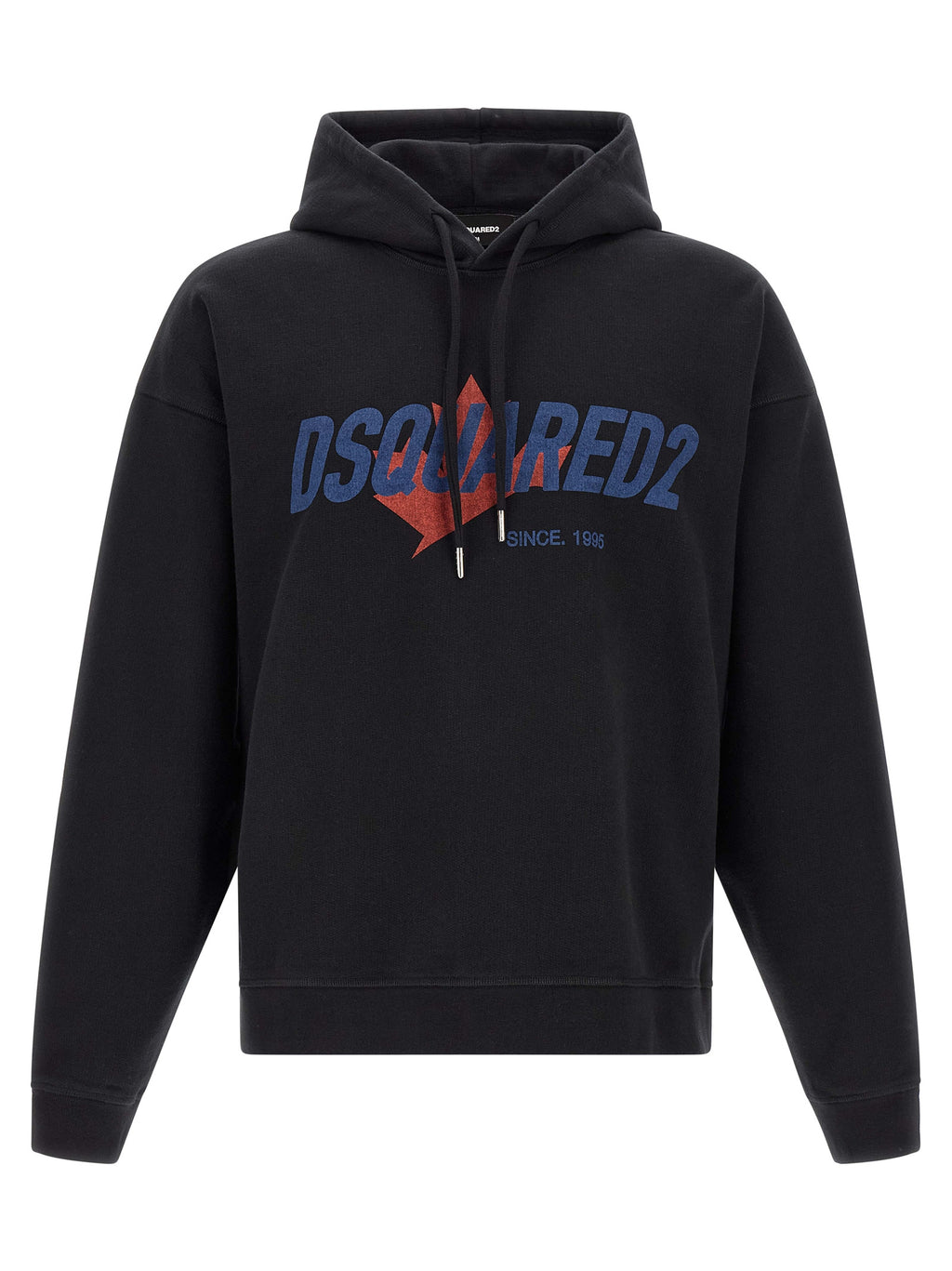 Sweat-shirt en coton noir de Dsquared², style décontracté avec logo imprimé, porté par un modèle.