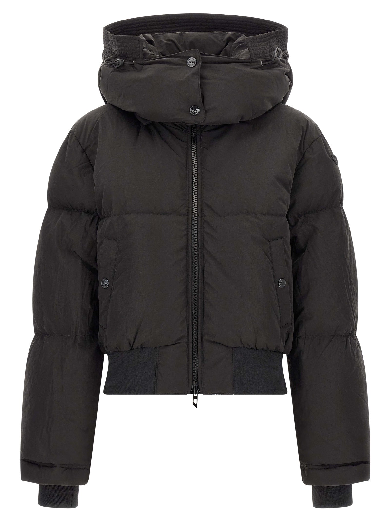 Veste longue Diesel en polyamide noir, style élégant et résistant, visible avec fermeture éclair et col montant.