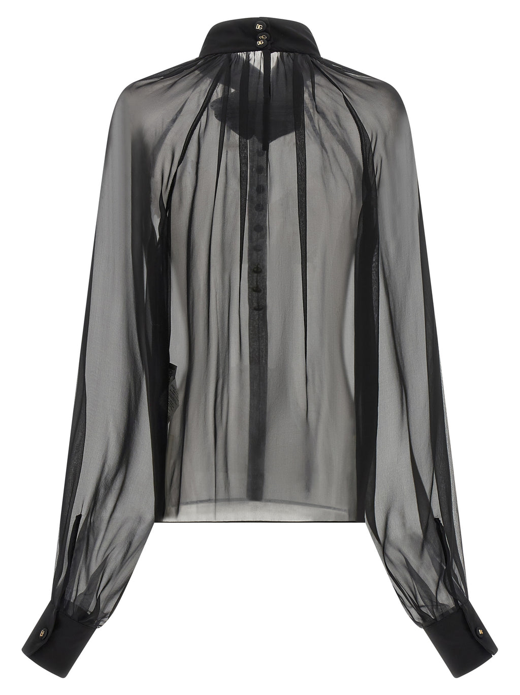 Chemise en soie noire Dolce & Gabbana avec col élégant et manches longues, détail de la texture satinée visible.