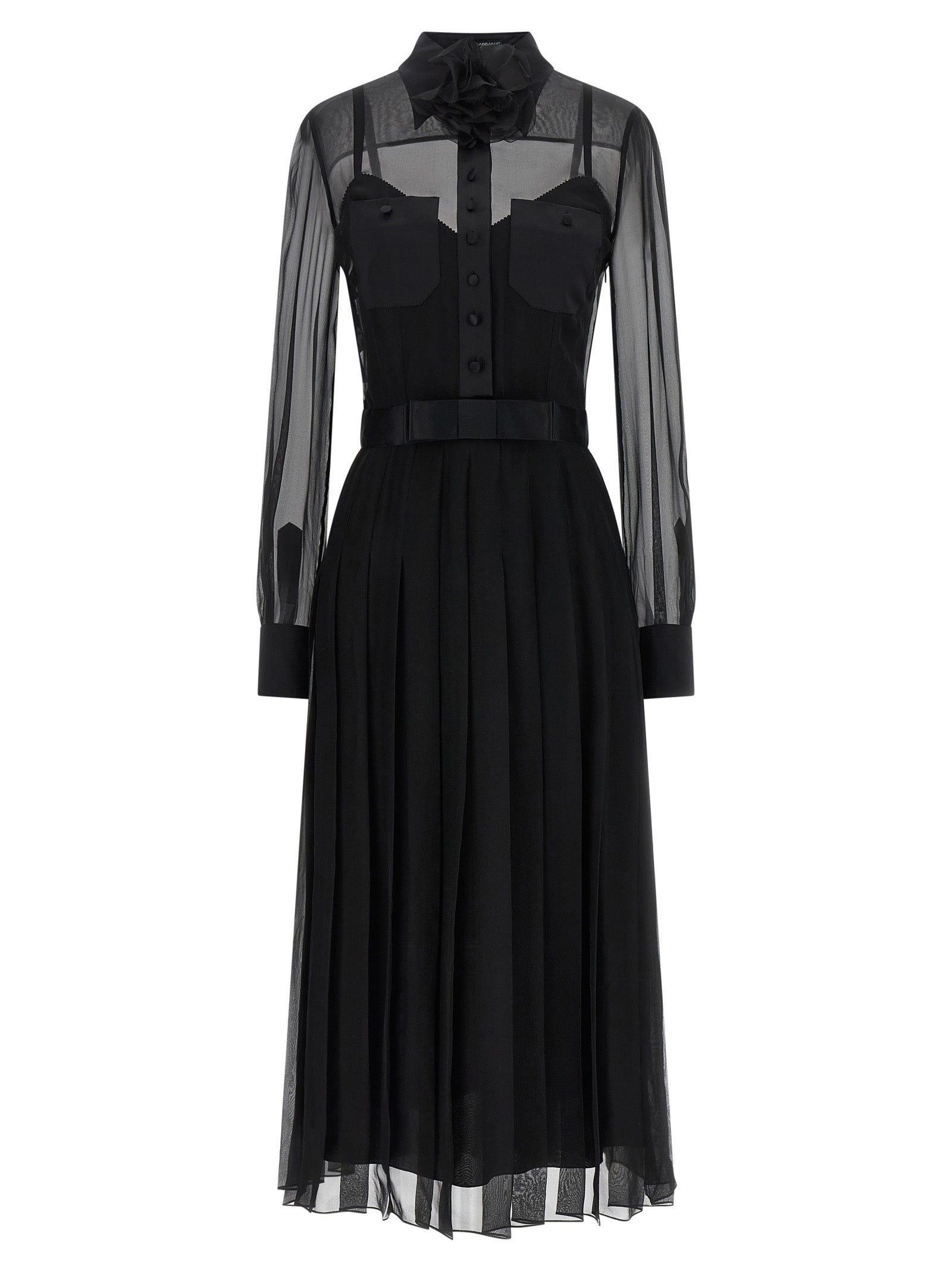 Robe midi en soie noire de Dolce & Gabbana, élégante et fluide, avec détails sophistiqués visibles sur l’image.