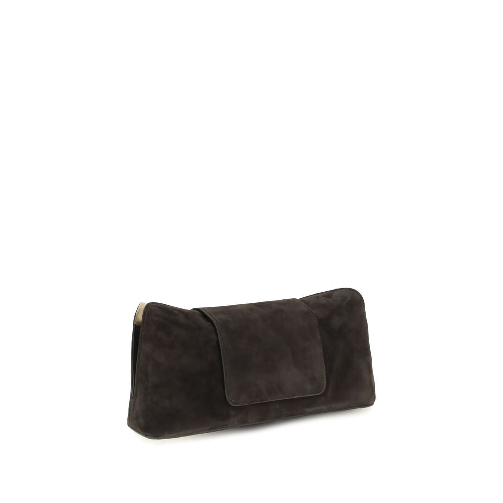 Sac clutch en cuir de veau marron Bos Taurus de Versace, avec logo emblématique et détails luxueux.