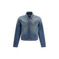 Veste en denim bleu en coton de la marque Versace, style décontracté avec détails élégants et logo visible.
