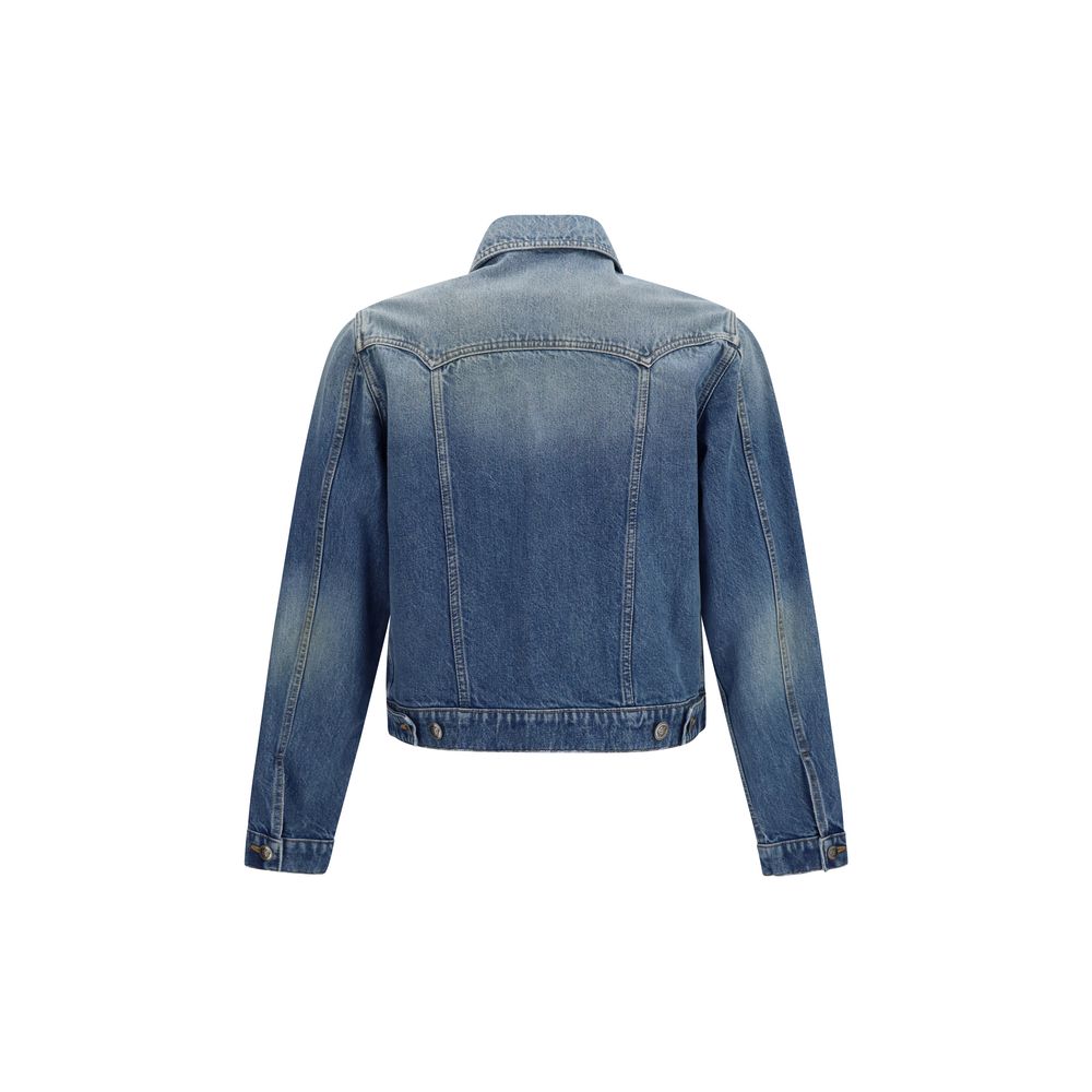 Veste en denim en coton bleu Versace, à la coupe classique avec logo emblématique sur le devant.
