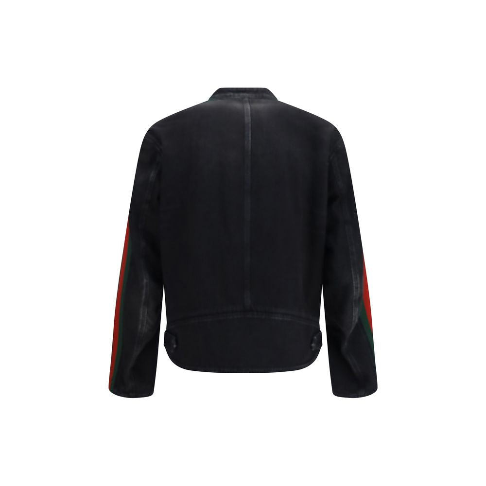Veste motarde en coton noir Gucci, style tendance avec détails en cuir et fermeture éclair, pour un look chic et décontracté.