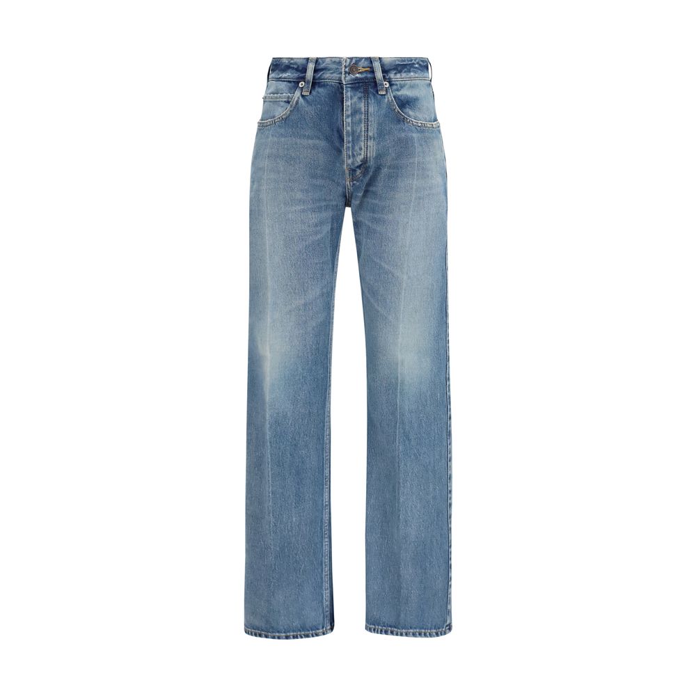 Jeans droits en coton bleu de Balenciaga, coupe classique, visibles avec détails de couture et poches à l'avant et à l'arrière.
