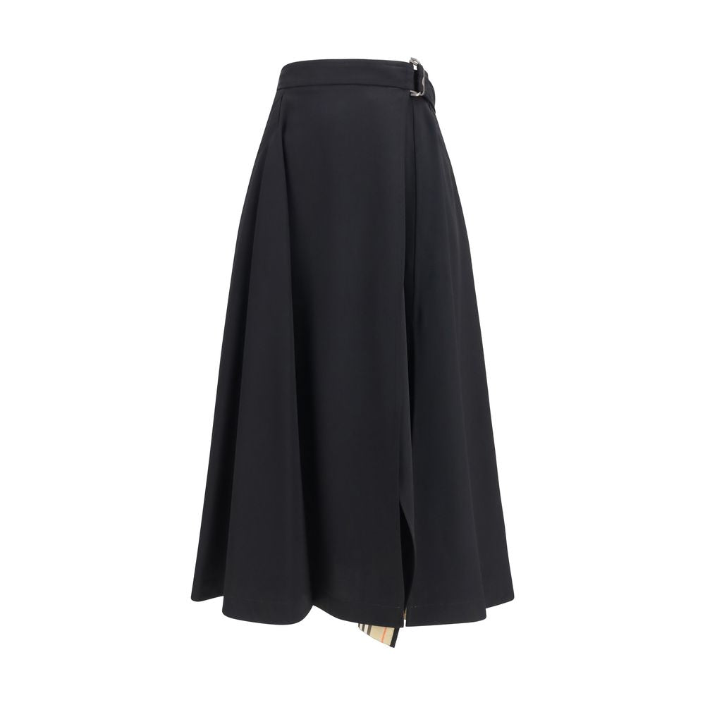 Jupe midi en laine noire Burberry Oves Aries, coupe élégante avec ceinture à boucle, portée avec un style sophistiqué.