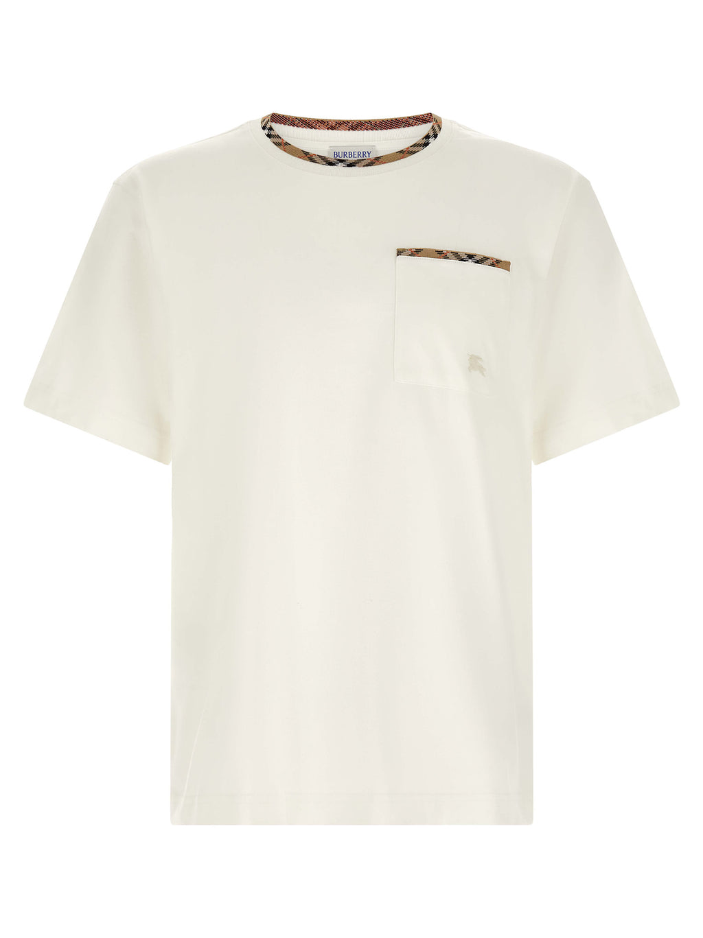 T-shirt en coton blanc Burberry avec logo discret, porté sur mannequin, vue de face, pour un style élégant et casual.