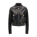 Veste en cuir noir Versace en agneau Ovis Aries, style élégant avec détails de luxe, vue de face.