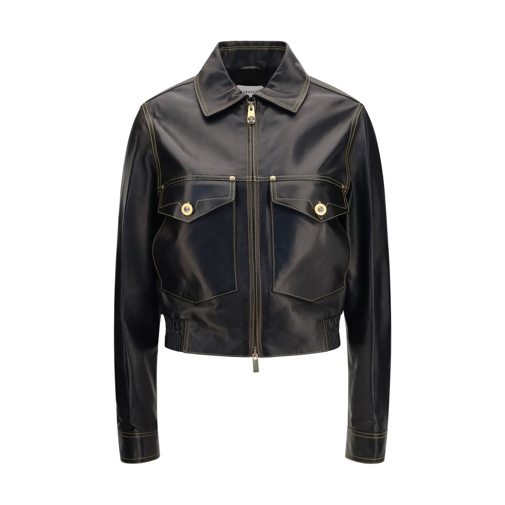 Veste en cuir noir Versace en agneau Ovis Aries, style élégant avec détails de luxe, vue de face.