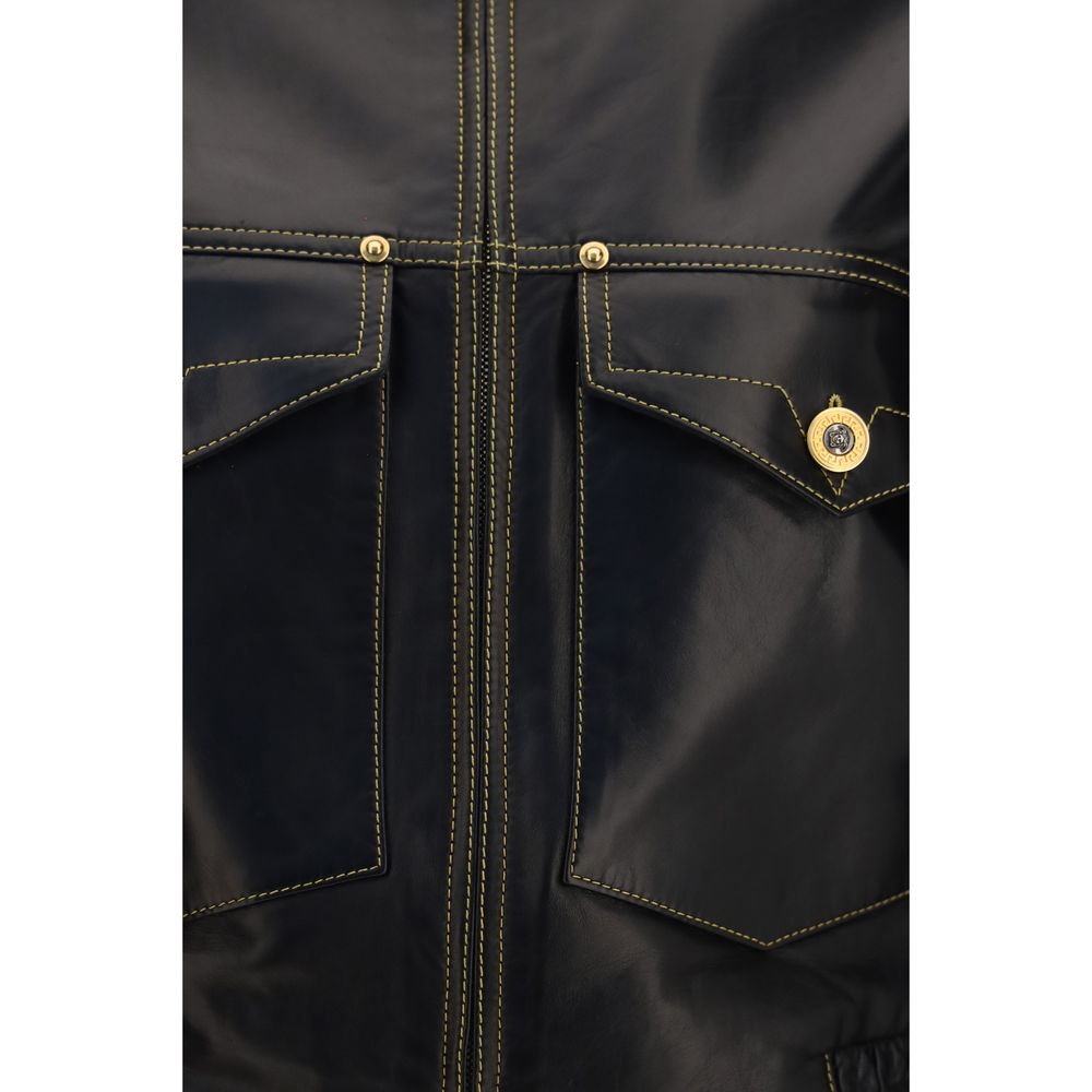 Veste en cuir noir Versace en agneau Ovis Aries avec détails élégants et finition de qualité visible sur l'image.