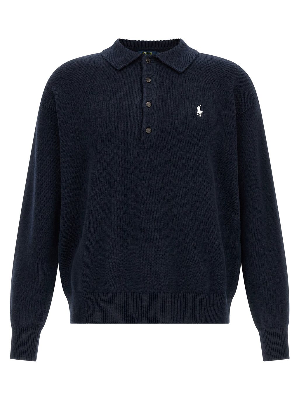 Cardigan en coton bleu Polo Ralph Lauren porté par un mannequin, détail du col et des boutons, style classique et élégant.