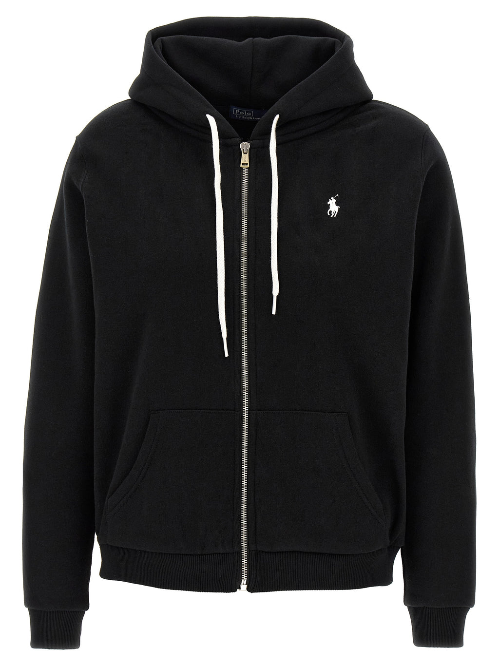 Sweatshirt en coton noir Polo Ralph Lauren avec col rond et logo brodé, portée sur un mannequin.