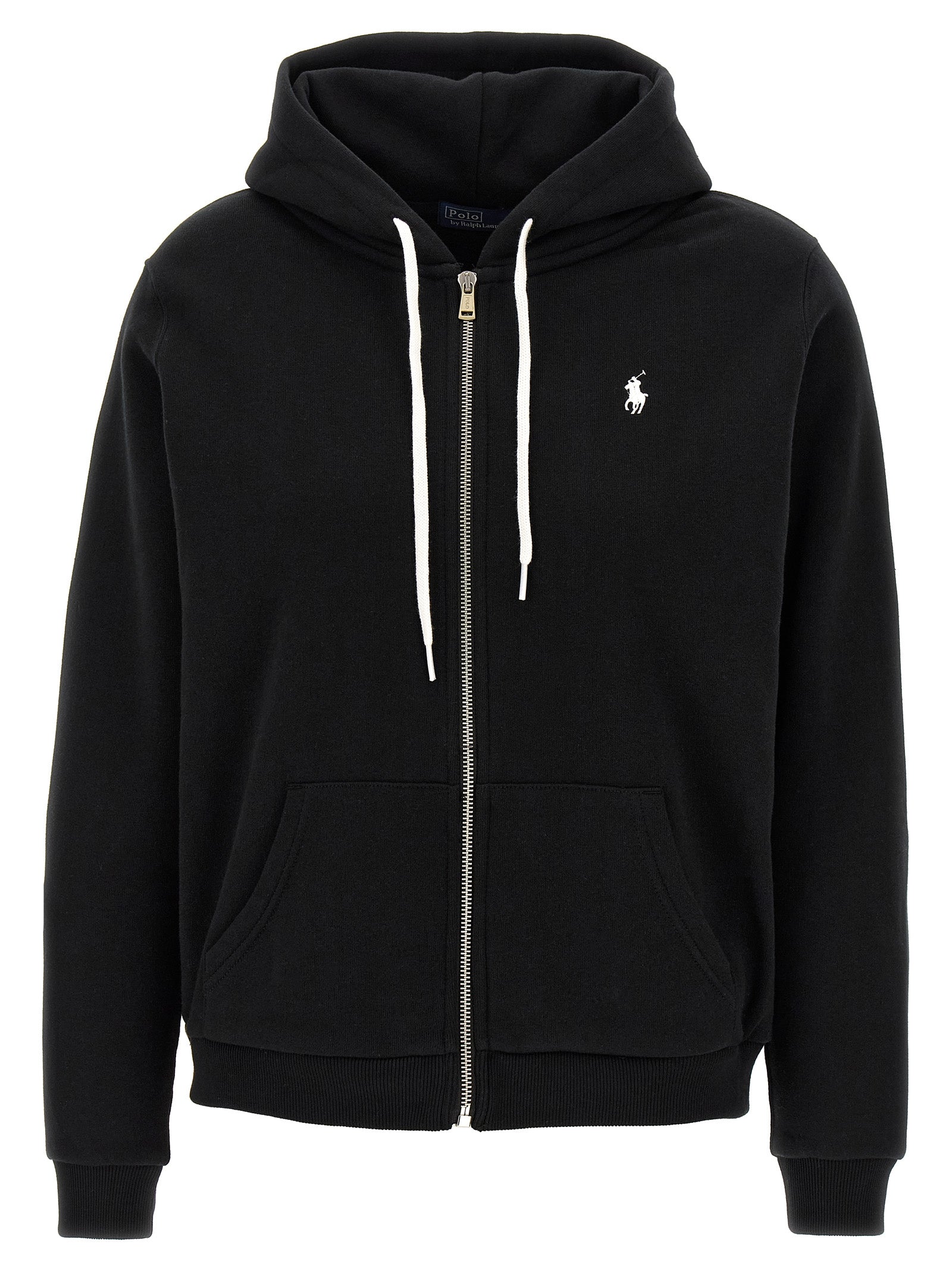 Sweatshirt en coton noir Polo Ralph Lauren avec col rond et logo brodé, portée sur un mannequin.