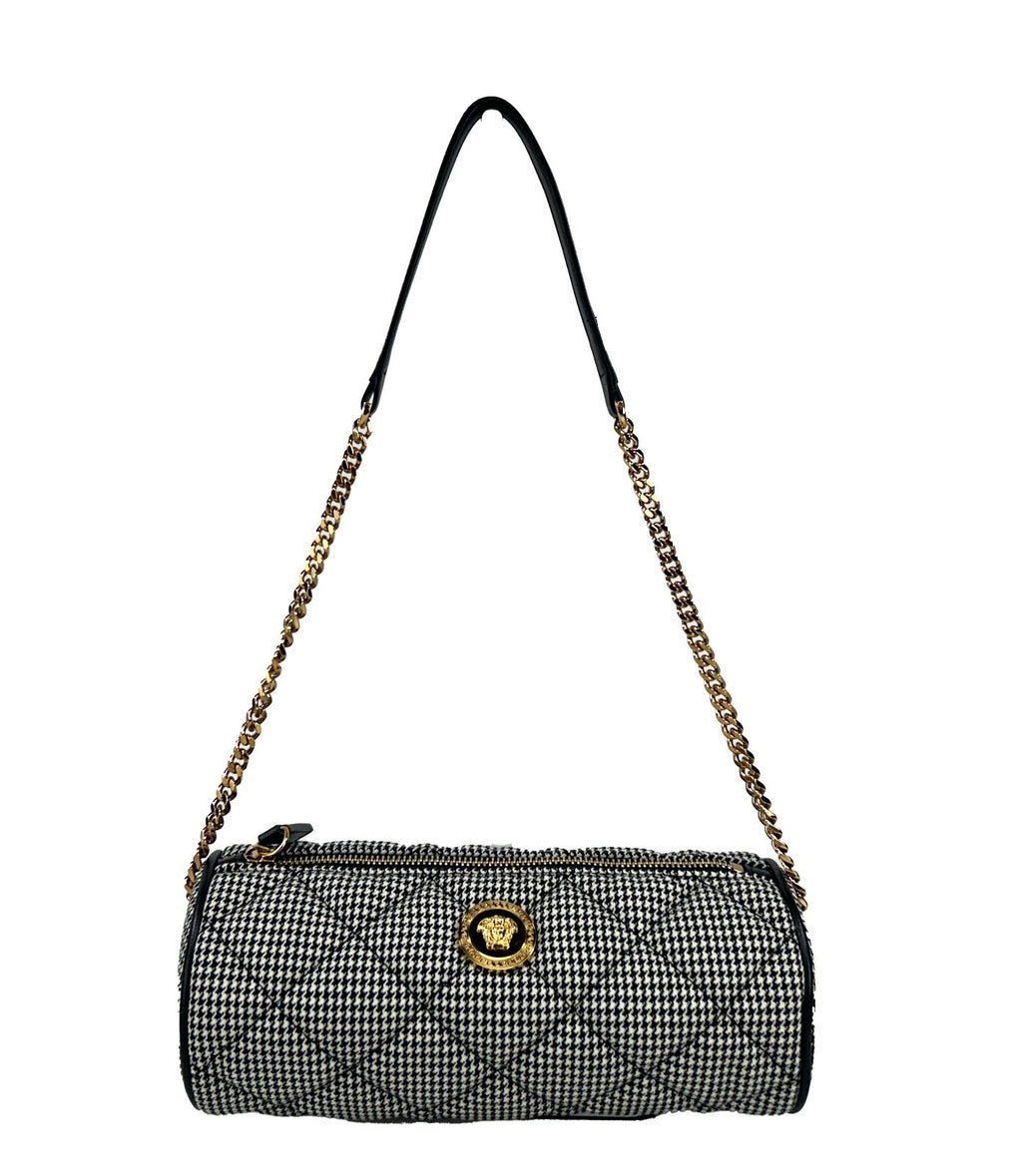 Sac à main en bandoulière Versace Medusa, sac de soirée matelassé avec logo Medusa, élégant et sophistiqué.