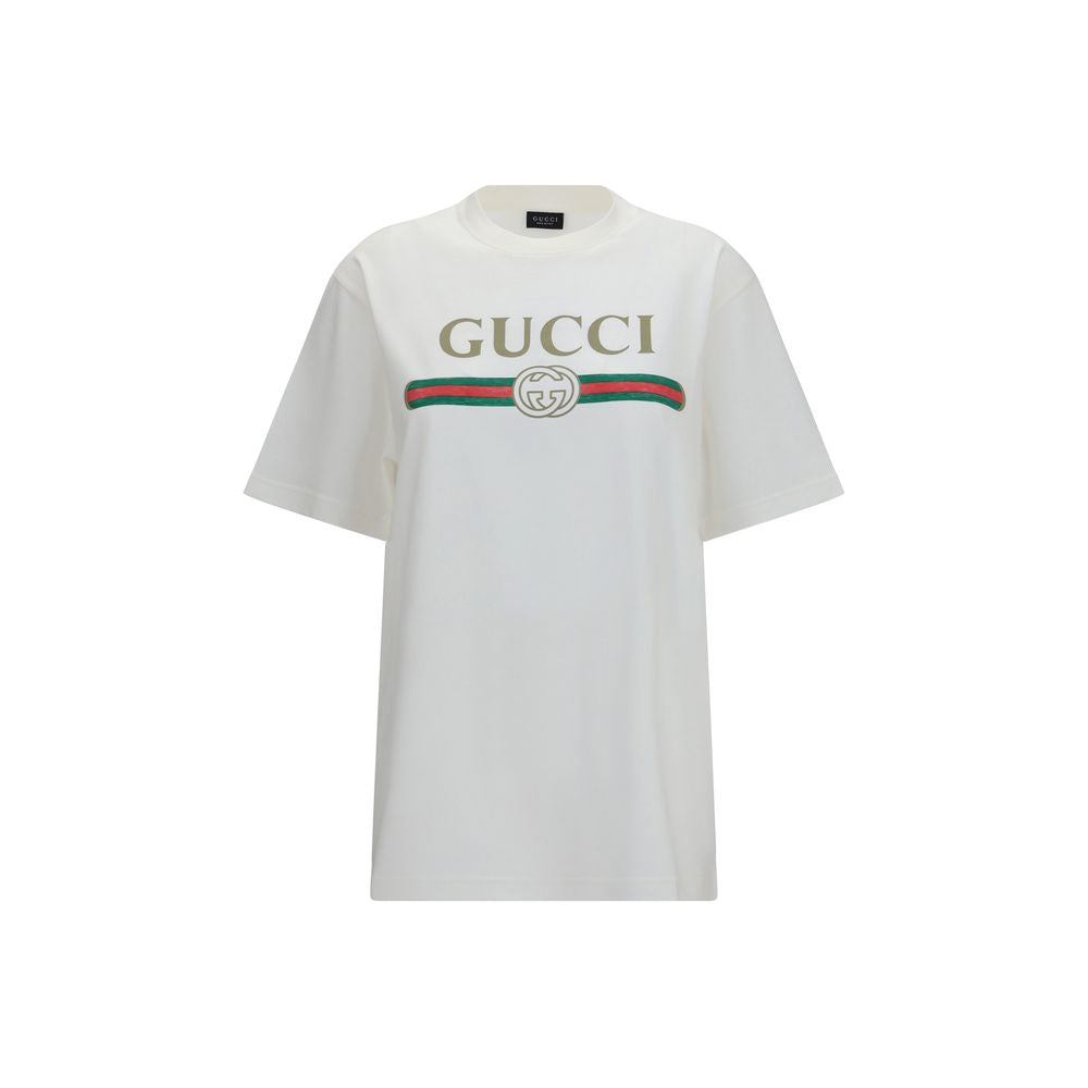 T-shirt blanc en coton de Gucci, vêtement décontracté avec logo Gucci visible sur le devant.