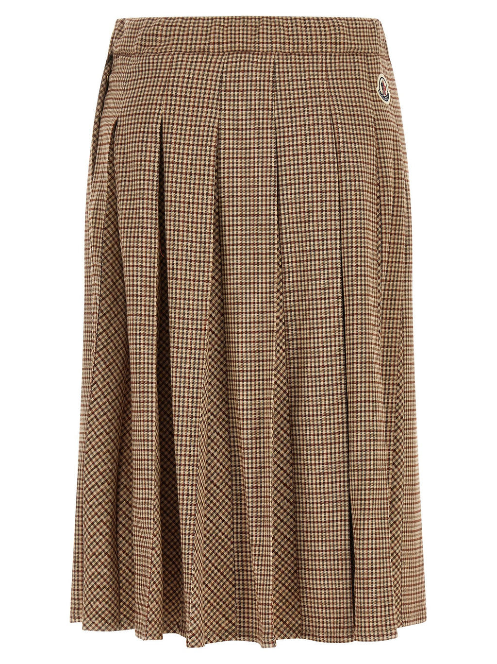 Jupe midi beige en viscose de Moncler, élégante et fluide, affichant une coupe flatteuse et un tissu léger.