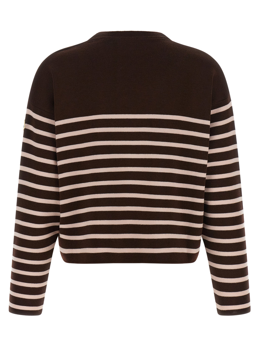 Cardigan blanc en laine vierge Moncler avec col en V et boutons, porté sur un mannequin.