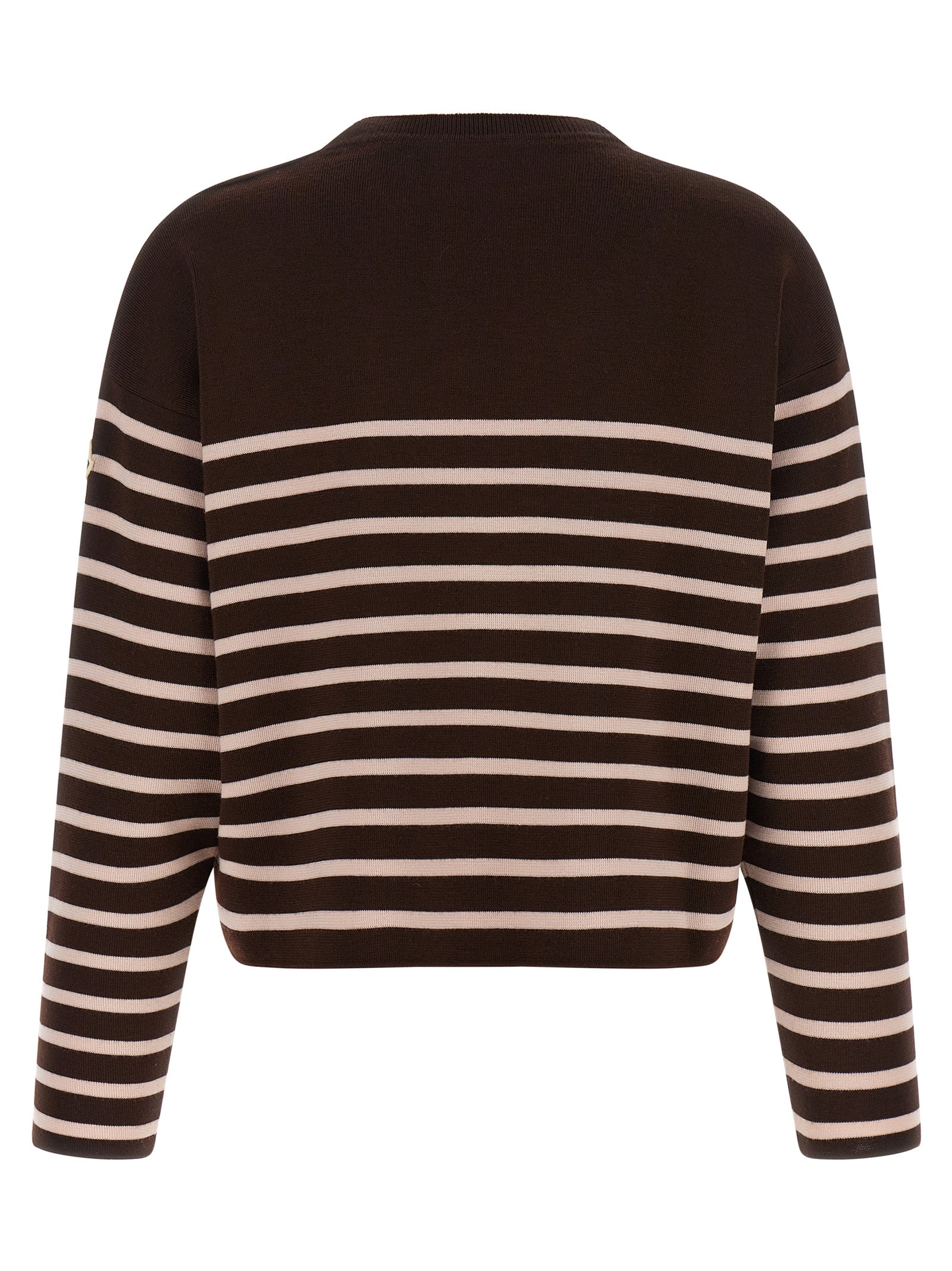 Cardigan blanc en laine vierge Moncler avec col en V et boutons, porté sur un mannequin.